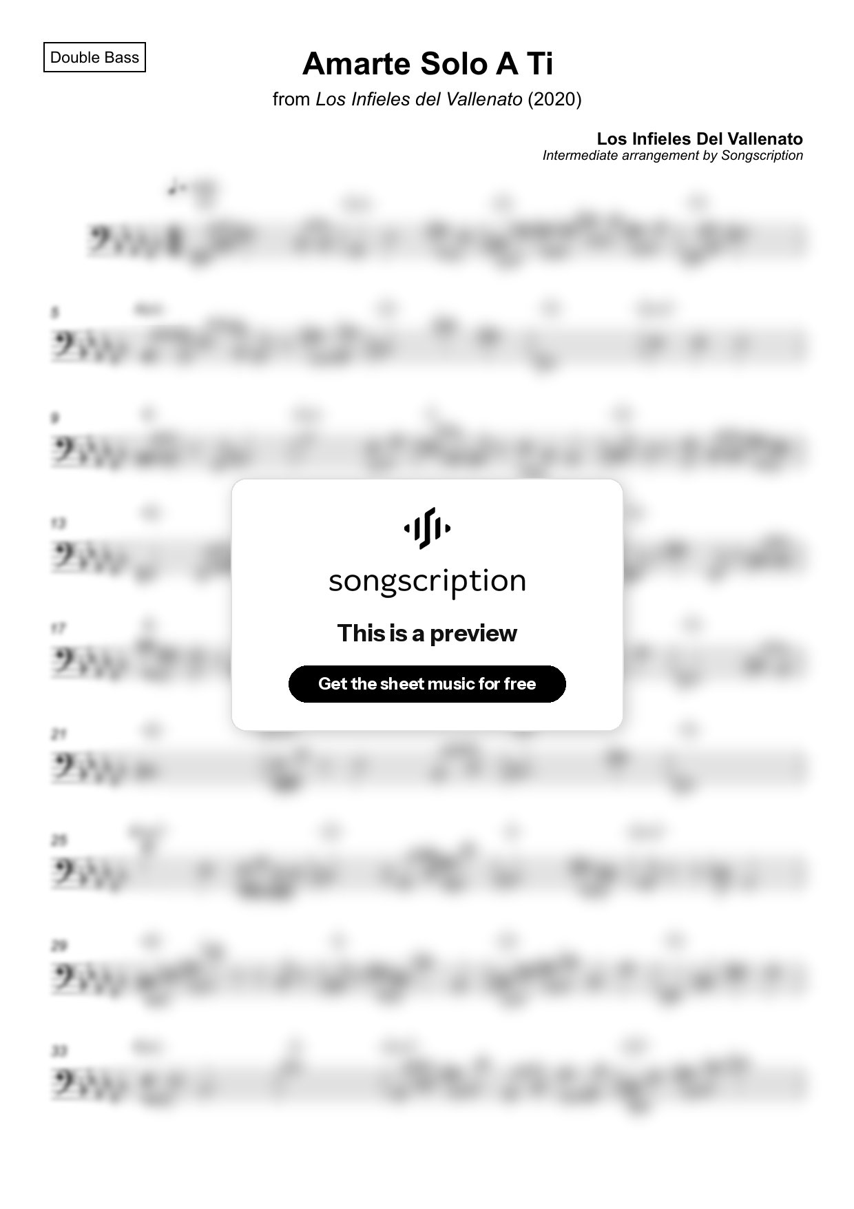 Intermediate Double Bass Sheet Music for "Amarte Solo A Ti" by Los Infieles Del Vallenato