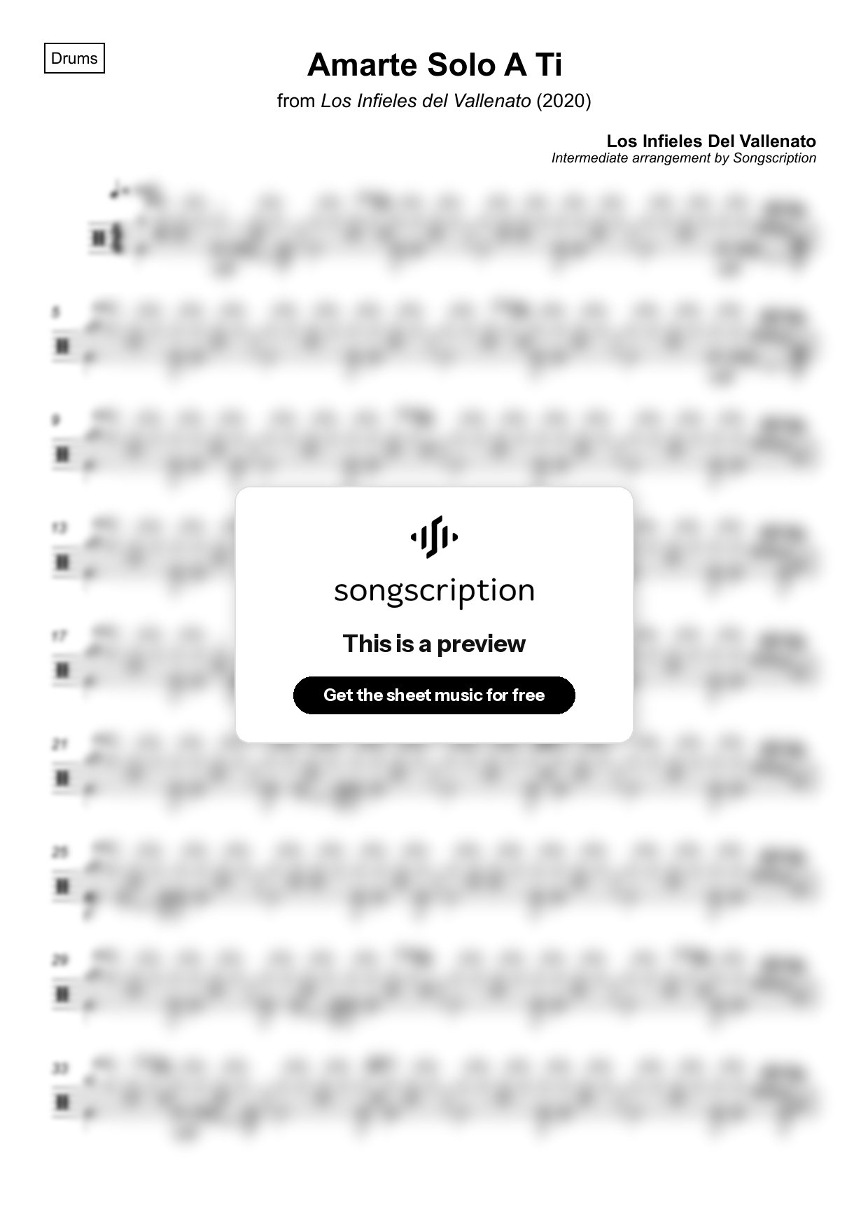 Intermediate Drums Sheet Music for "Amarte Solo A Ti" by Los Infieles Del Vallenato