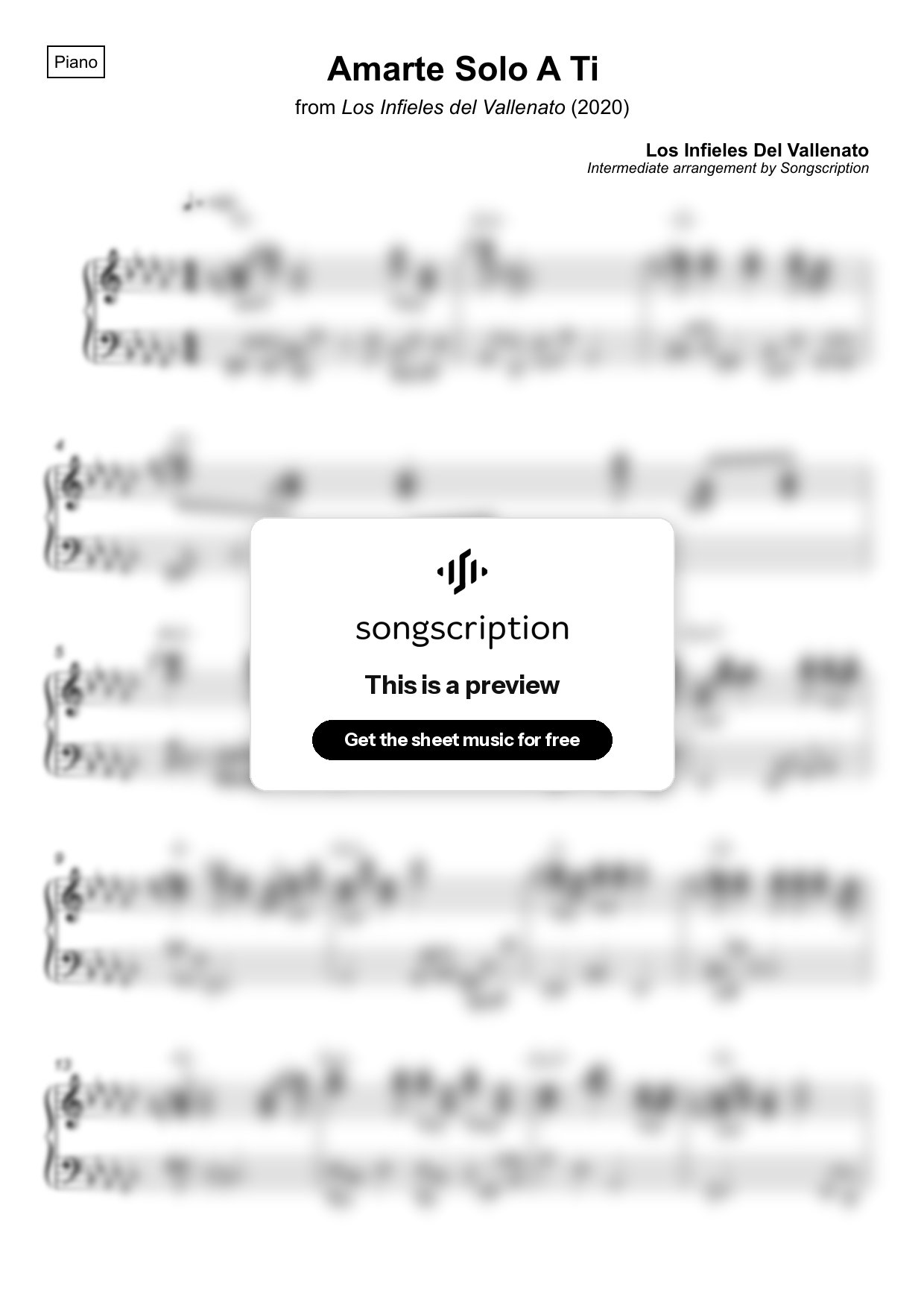 Intermediate Piano Sheet Music for "Amarte Solo A Ti" by Los Infieles Del Vallenato