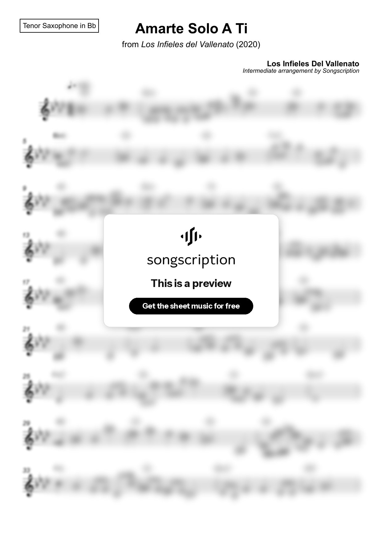 Intermediate Tenor Sax Sheet Music for "Amarte Solo A Ti" by Los Infieles Del Vallenato