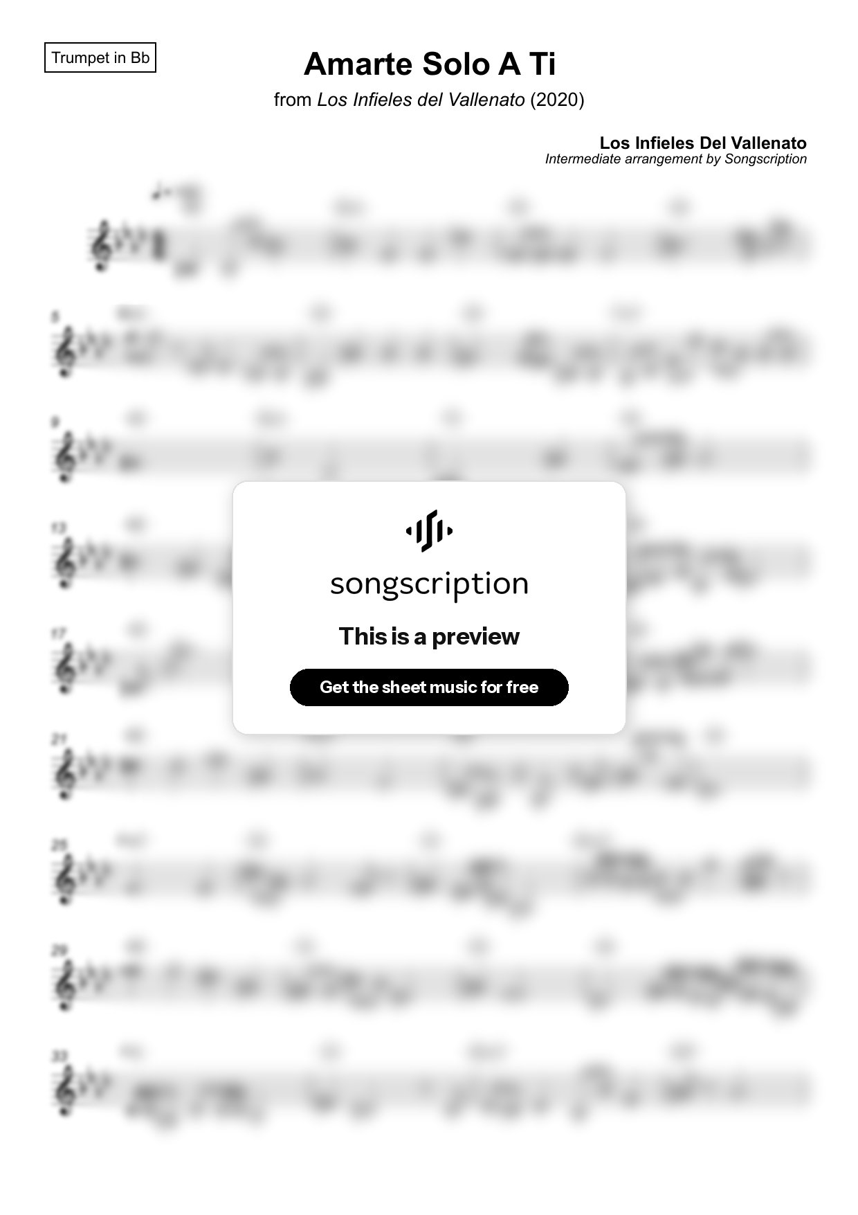 Intermediate Trumpet Sheet Music for "Amarte Solo A Ti" by Los Infieles Del Vallenato