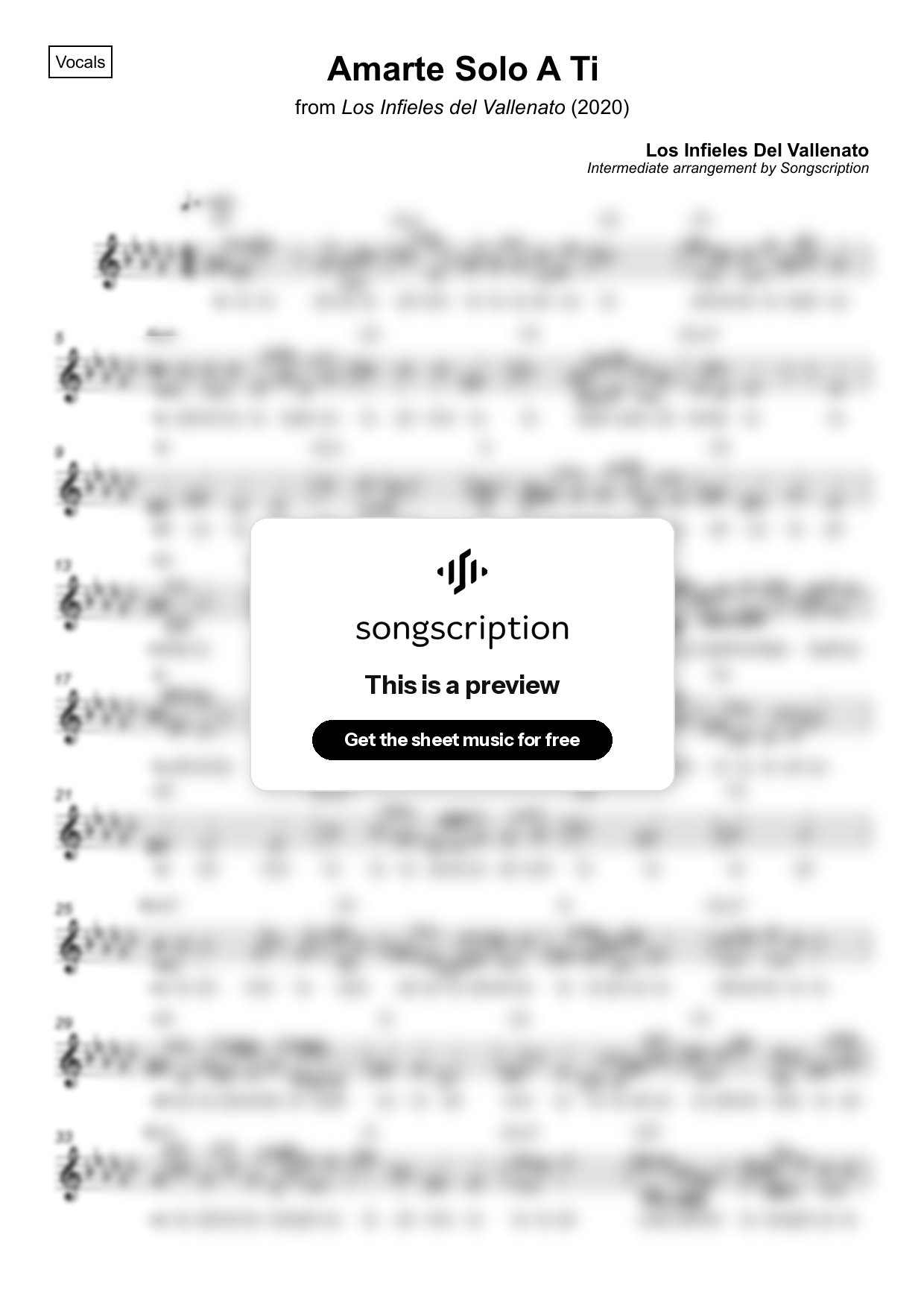 Intermediate Vocals Sheet Music for "Amarte Solo A Ti" by Los Infieles Del Vallenato