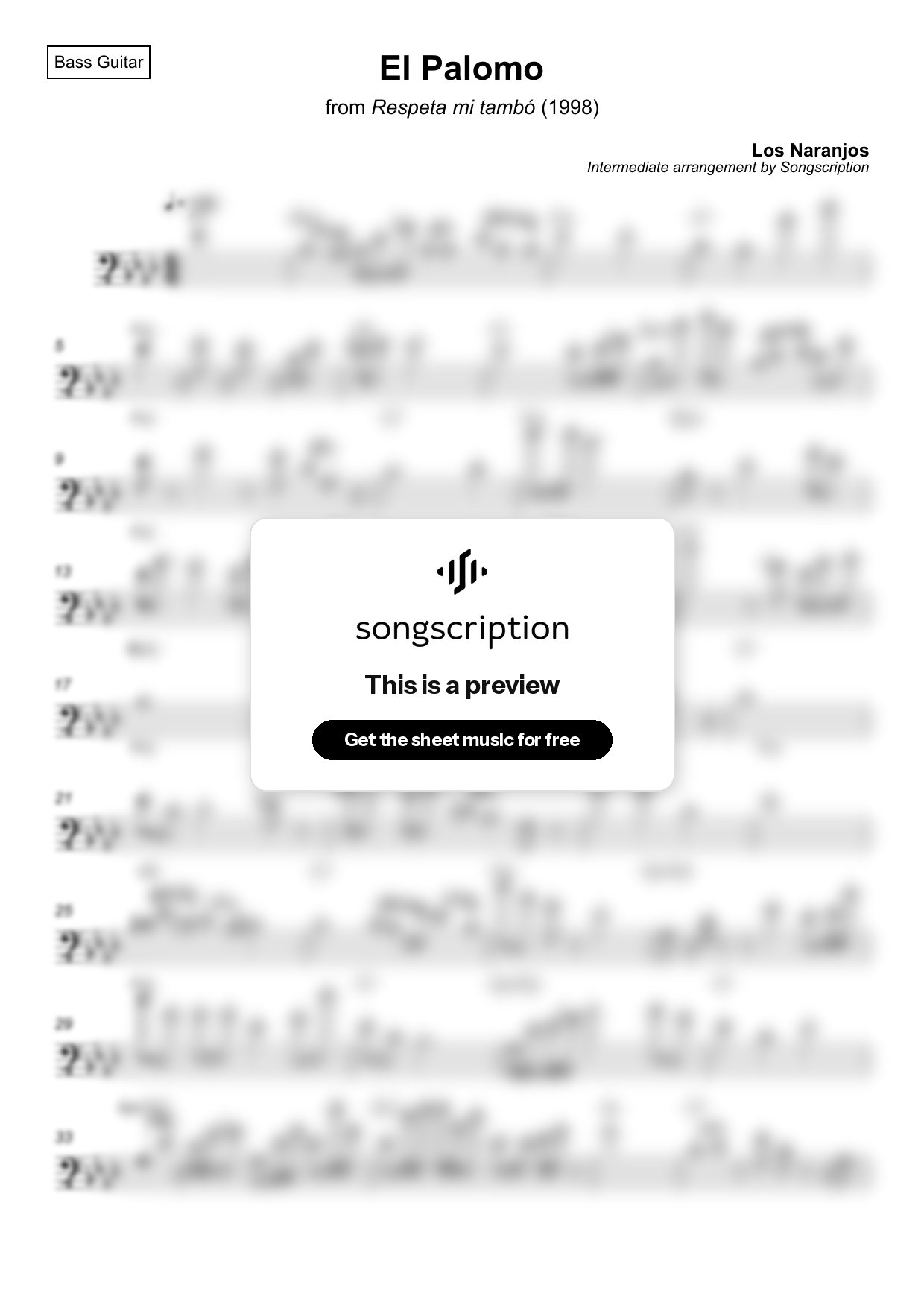 Intermediate Bass Guitar Sheet Music for "El Palomo" by Los Naranjos
