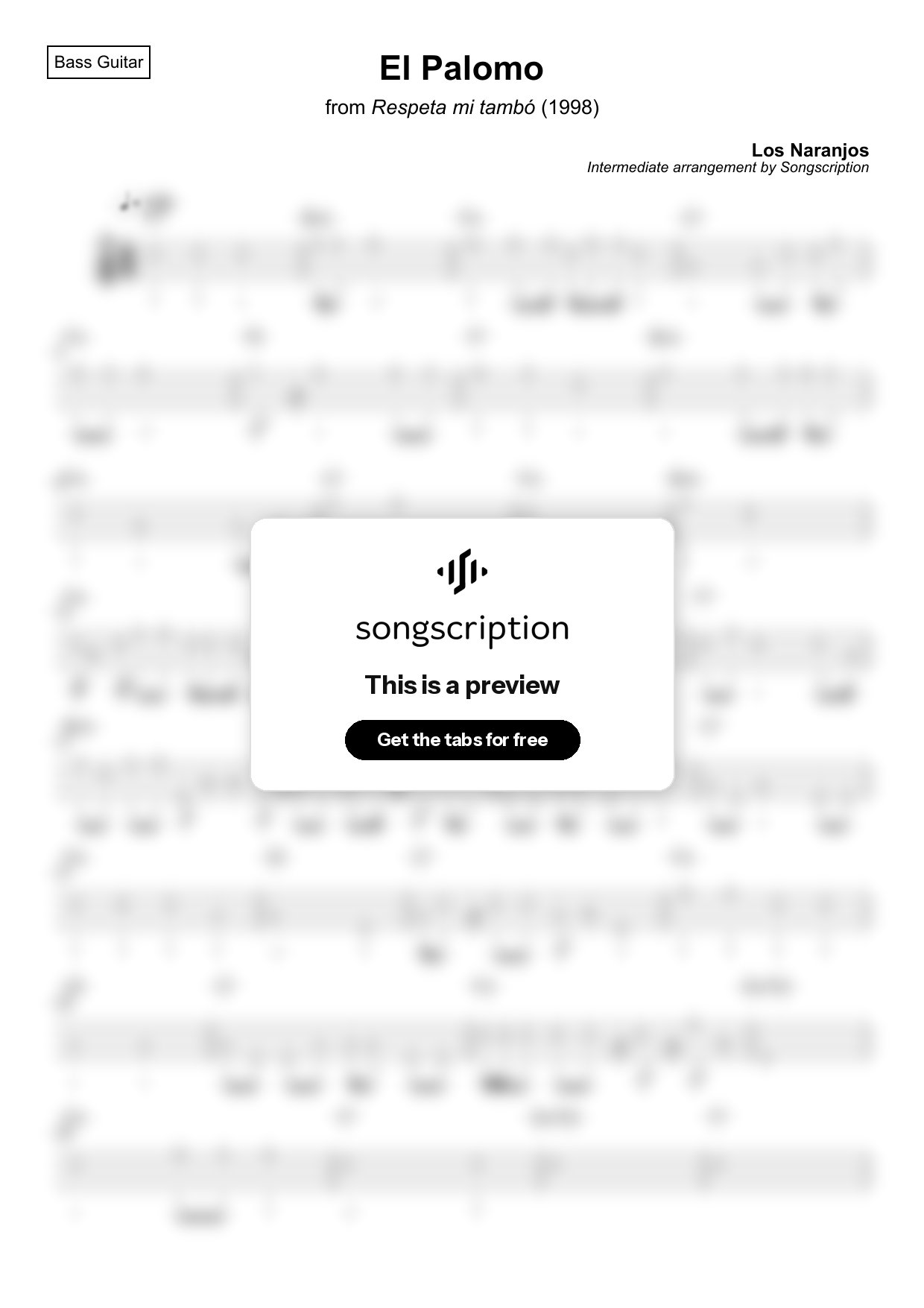 Intermediate Bass Guitar Tabs for "El Palomo" by Los Naranjos