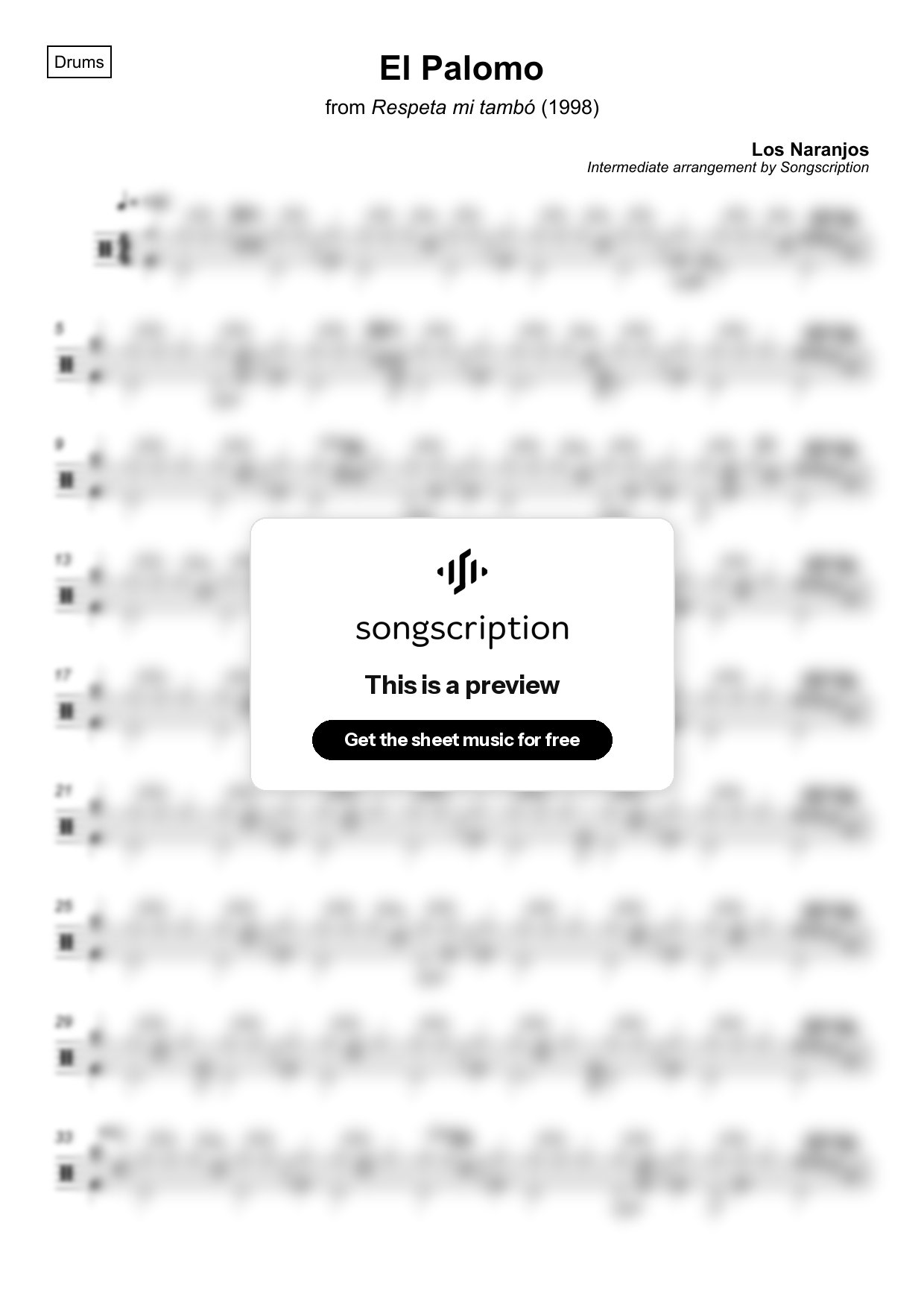 Intermediate Drums Sheet Music for "El Palomo" by Los Naranjos