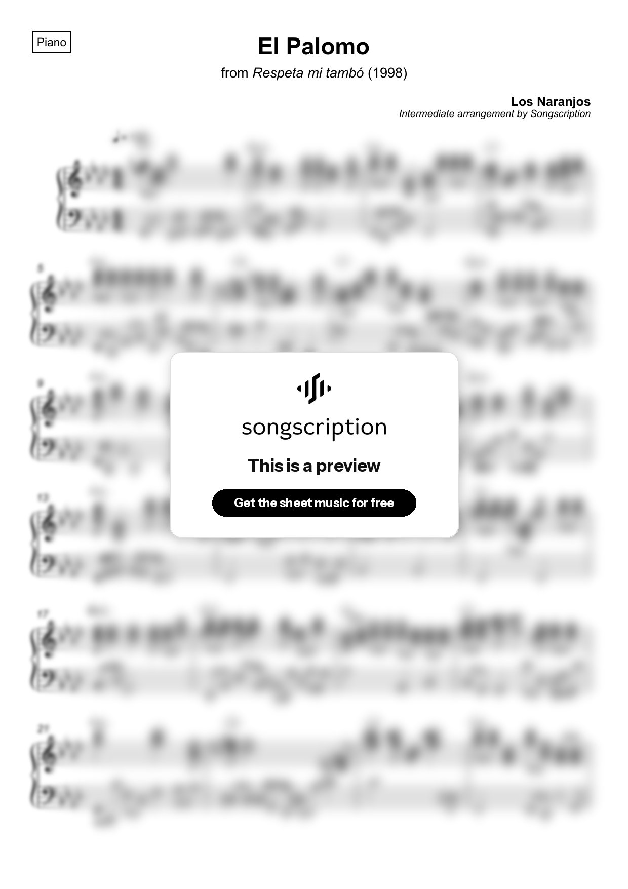 Intermediate Piano Sheet Music for "El Palomo" by Los Naranjos
