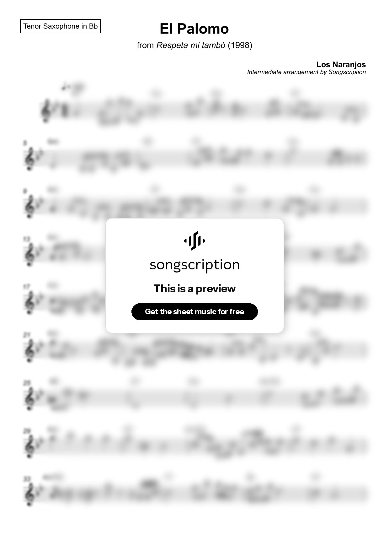 Intermediate Tenor Sax Sheet Music for "El Palomo" by Los Naranjos
