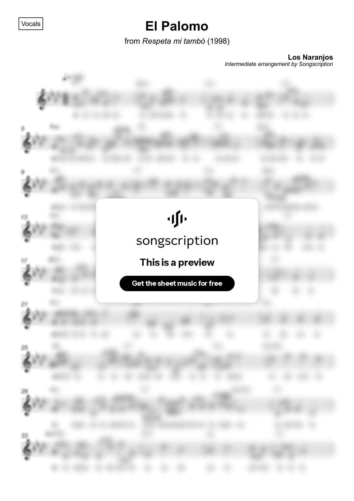 Intermediate Vocals Sheet Music for "El Palomo" by Los Naranjos