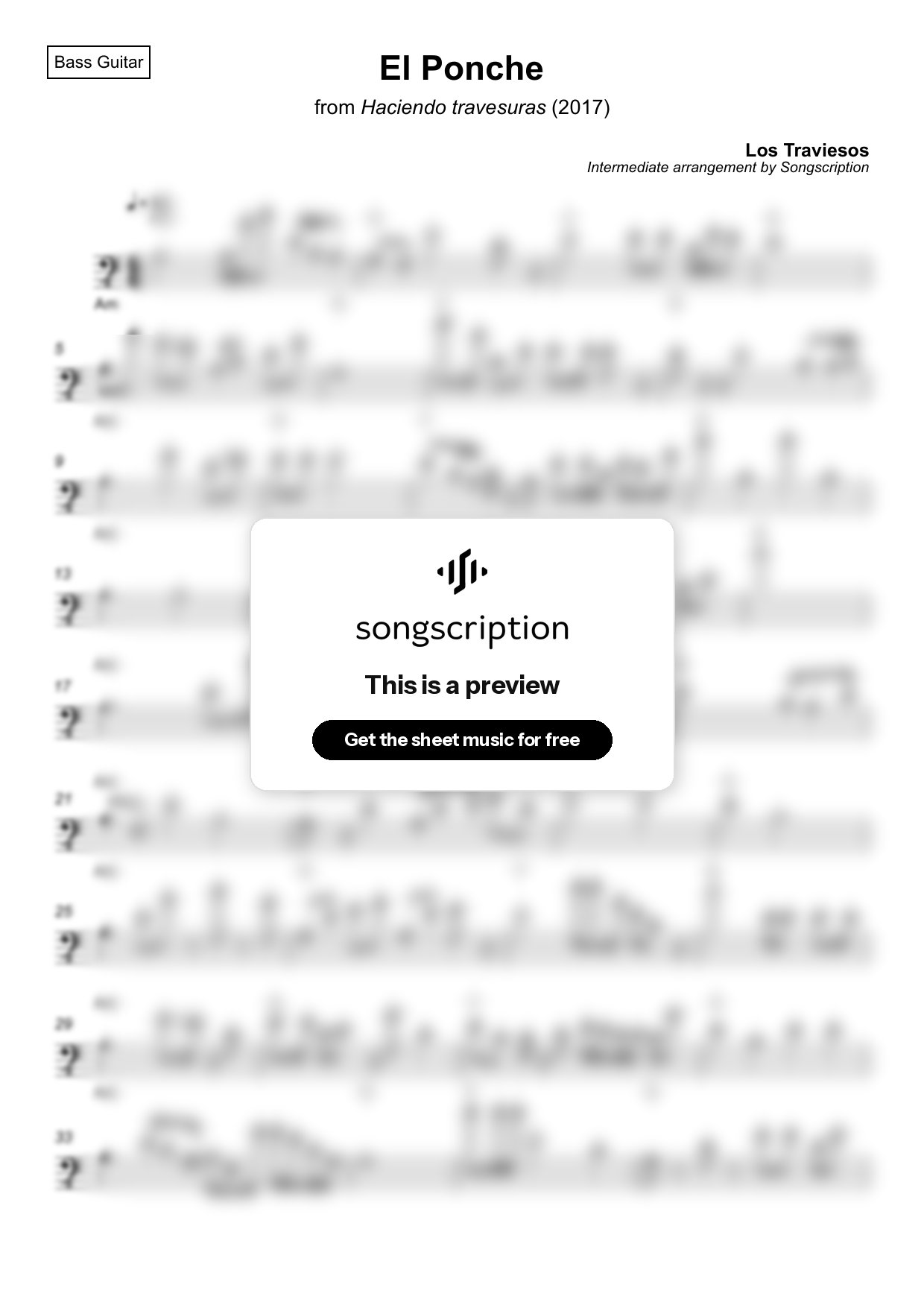 Intermediate Bass Guitar Sheet Music for "El Ponche" by Los Traviesos