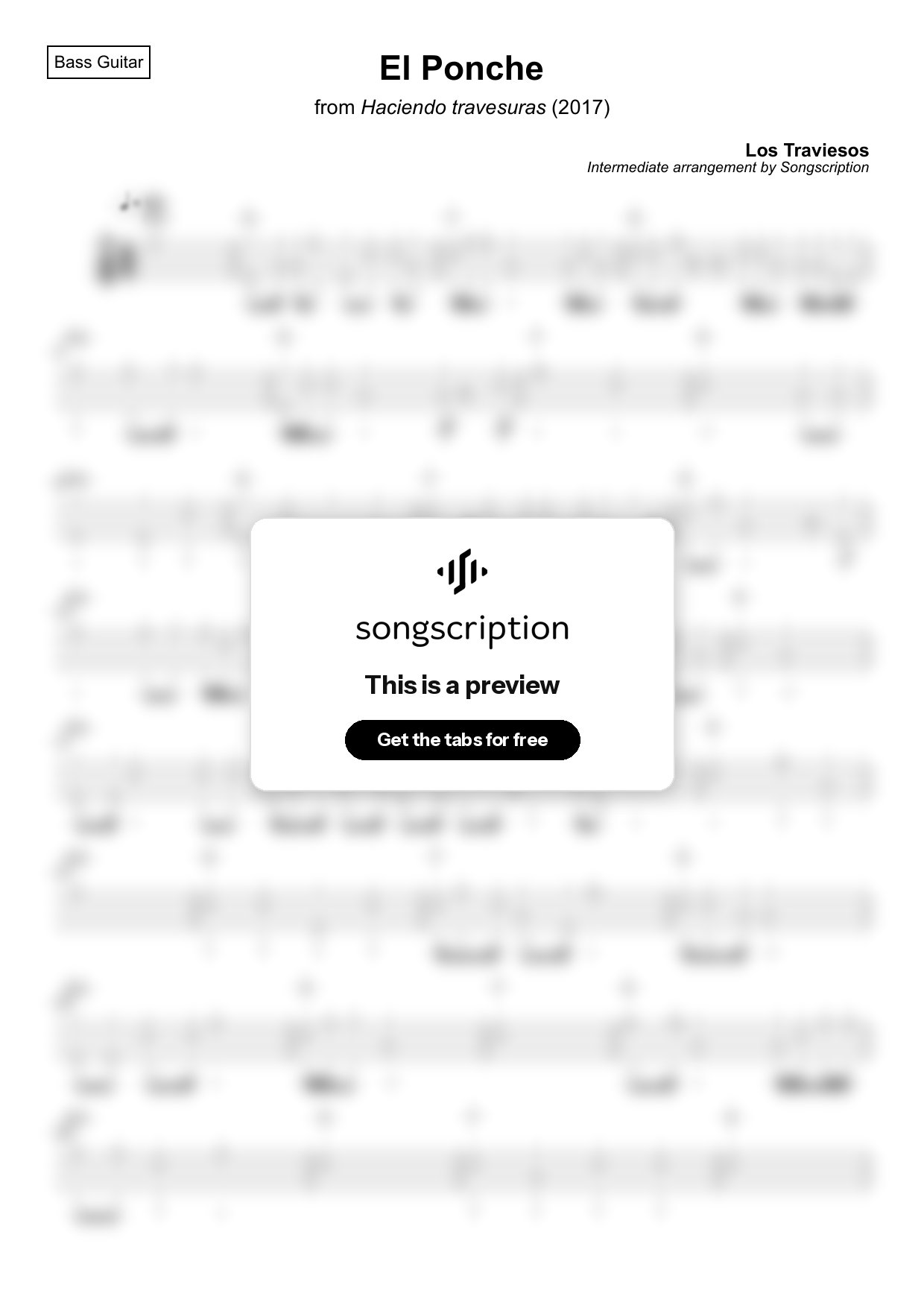Intermediate Bass Guitar Tabs for "El Ponche" by Los Traviesos