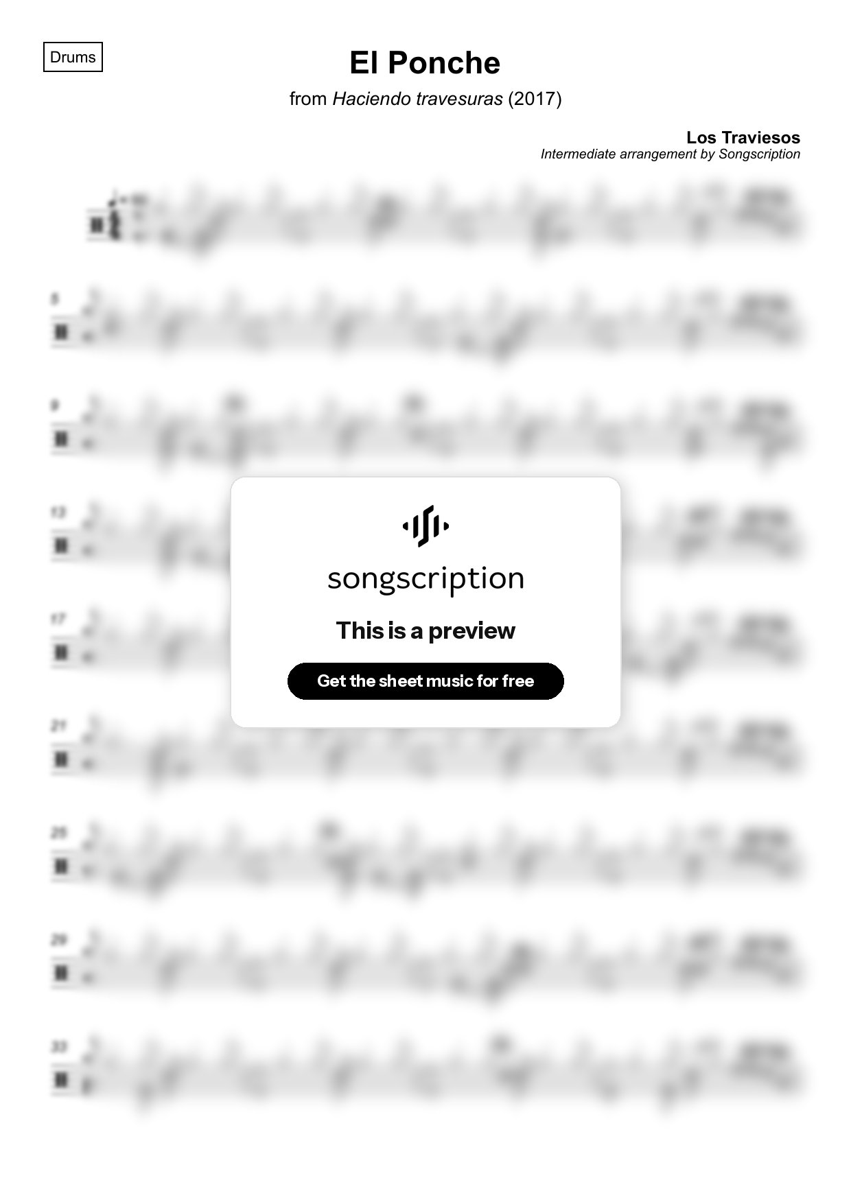 Intermediate Drums Sheet Music for "El Ponche" by Los Traviesos