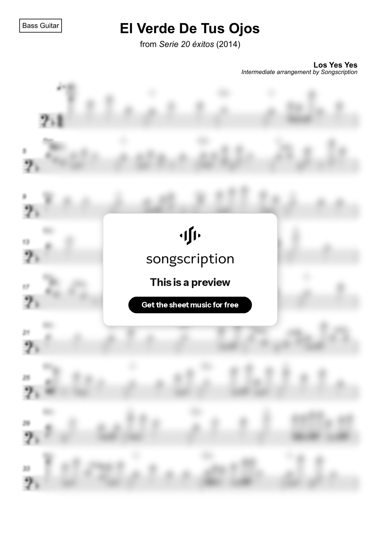 Intermediate Bass Guitar Sheet Music for "El Verde De Tus Ojos" by Los Yes Yes