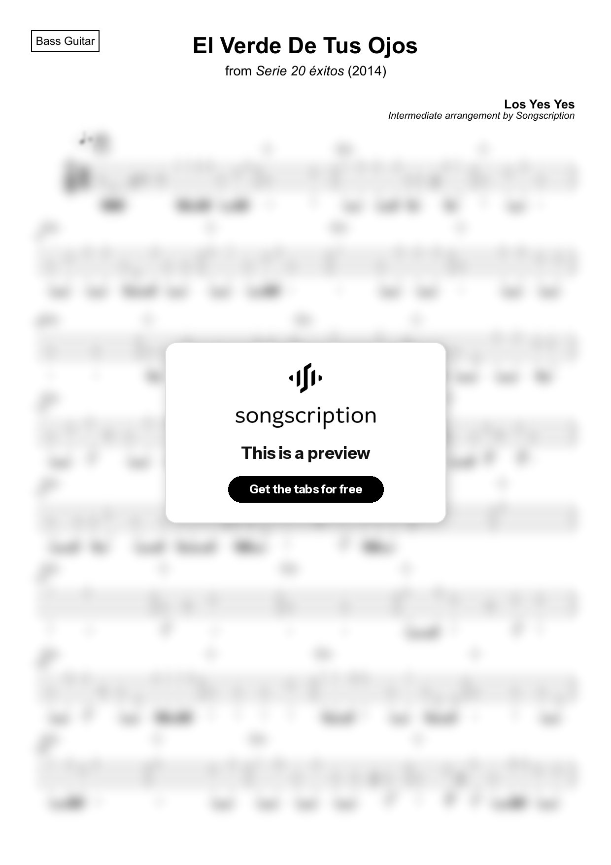 Intermediate Bass Guitar Tabs for "El Verde De Tus Ojos" by Los Yes Yes