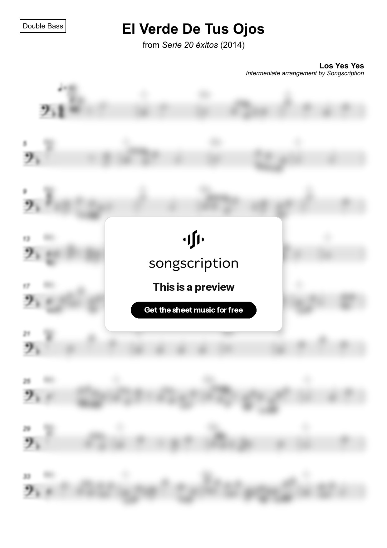 Intermediate Double Bass Sheet Music for "El Verde De Tus Ojos" by Los Yes Yes