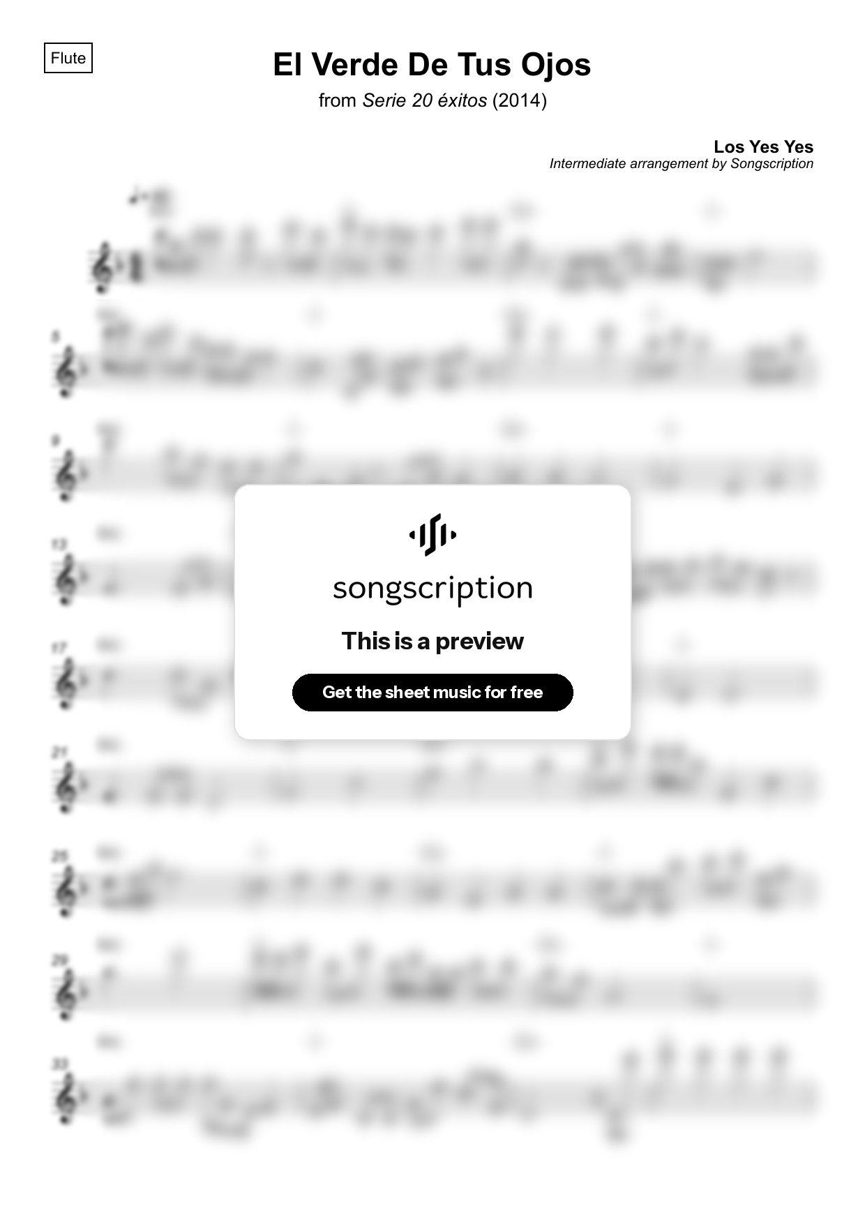 Intermediate Flute Sheet Music for "El Verde De Tus Ojos" by Los Yes Yes