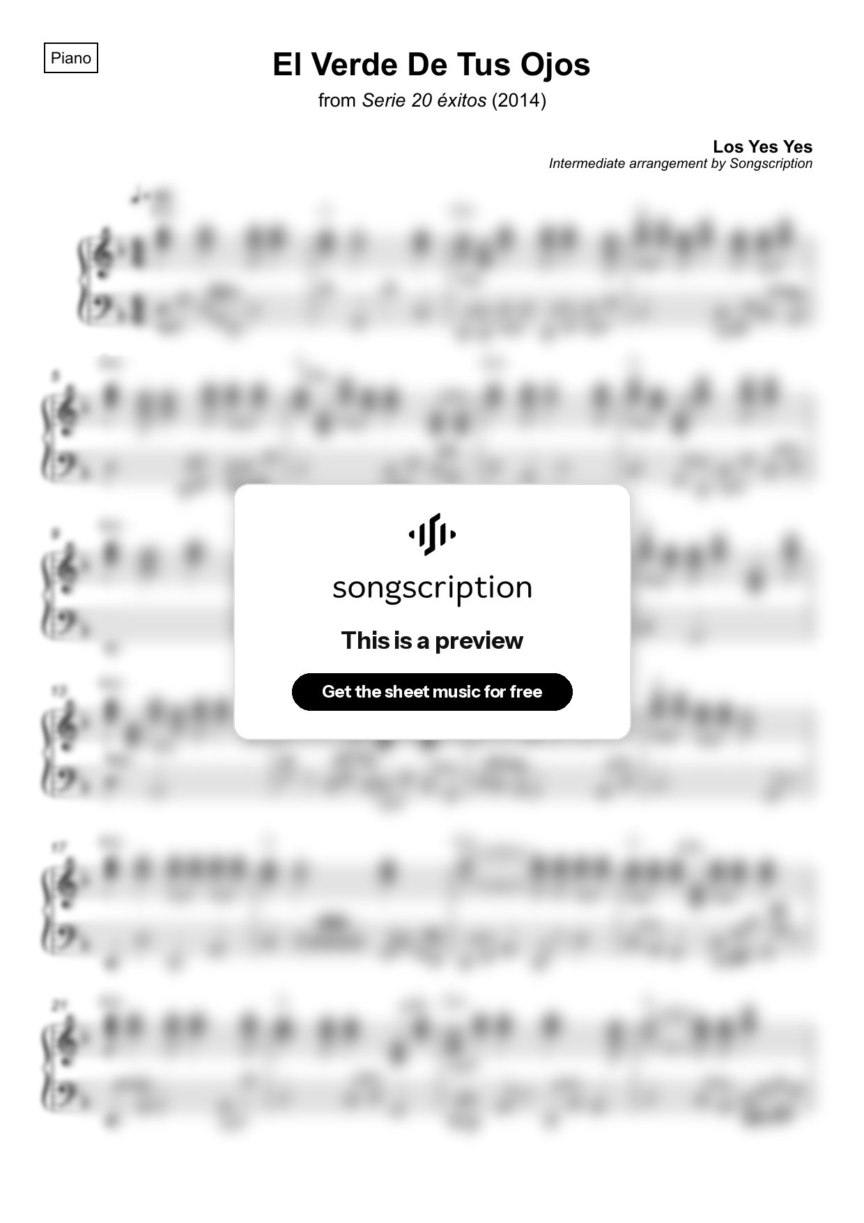 Intermediate Piano Sheet Music for "El Verde De Tus Ojos" by Los Yes Yes