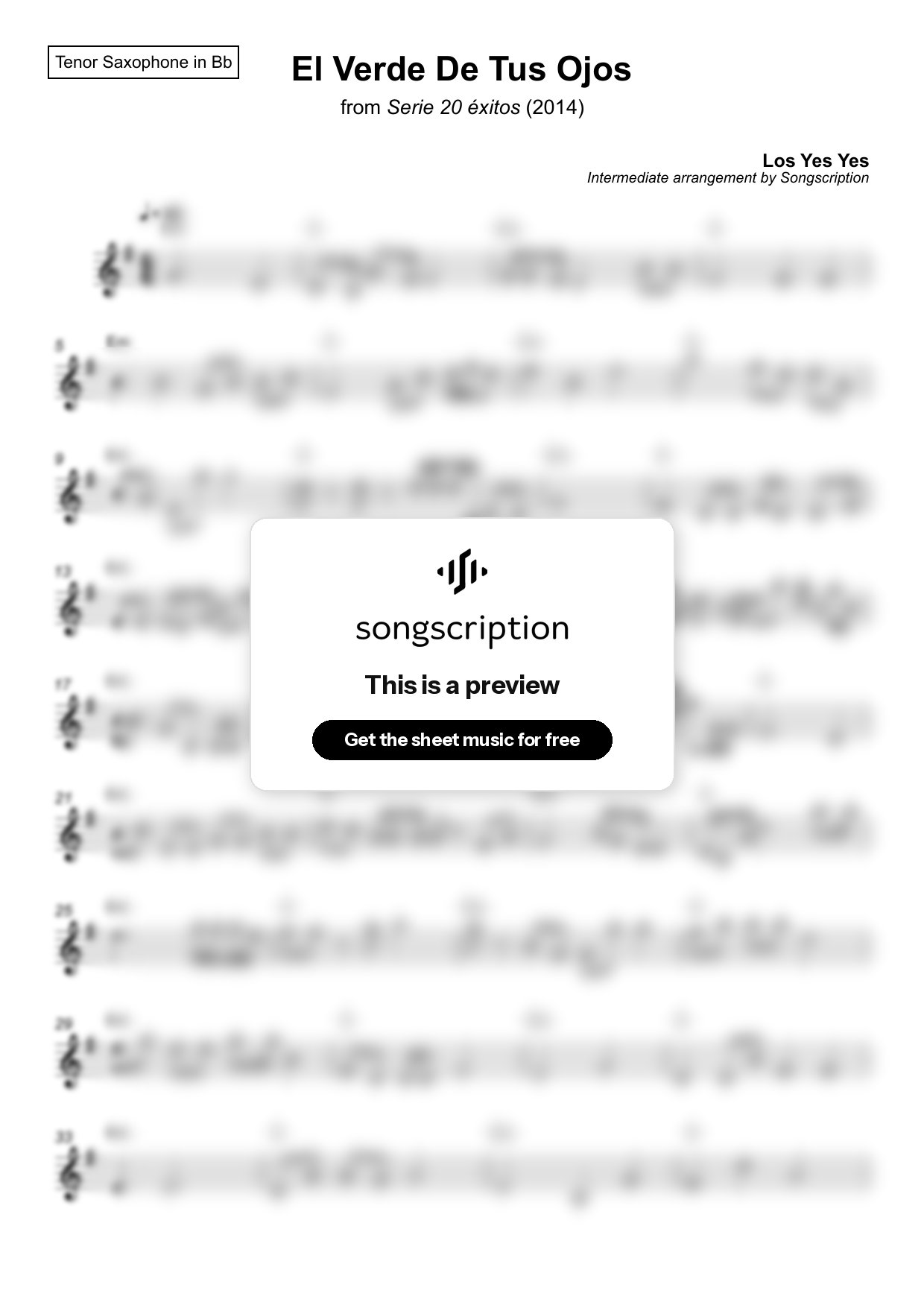 Intermediate Tenor Sax Sheet Music for "El Verde De Tus Ojos" by Los Yes Yes