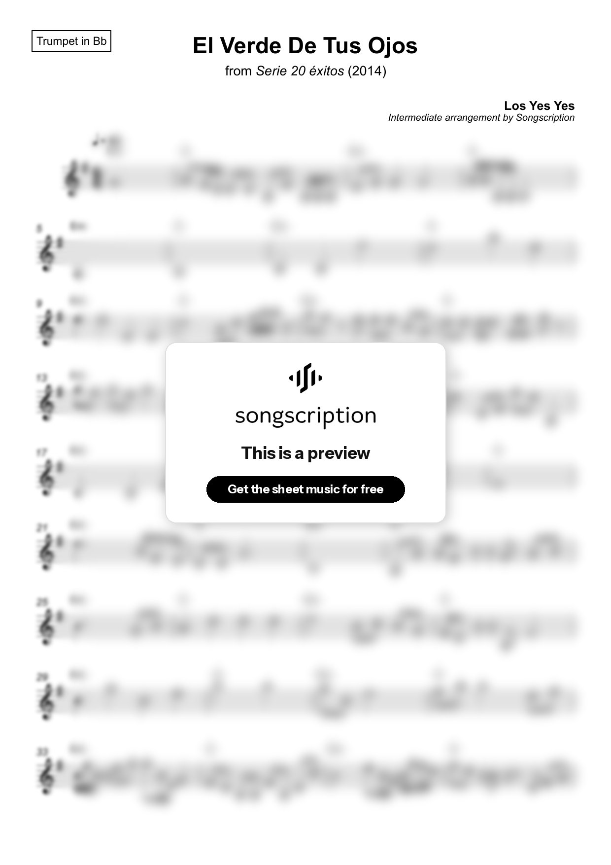 Intermediate Trumpet Sheet Music for "El Verde De Tus Ojos" by Los Yes Yes