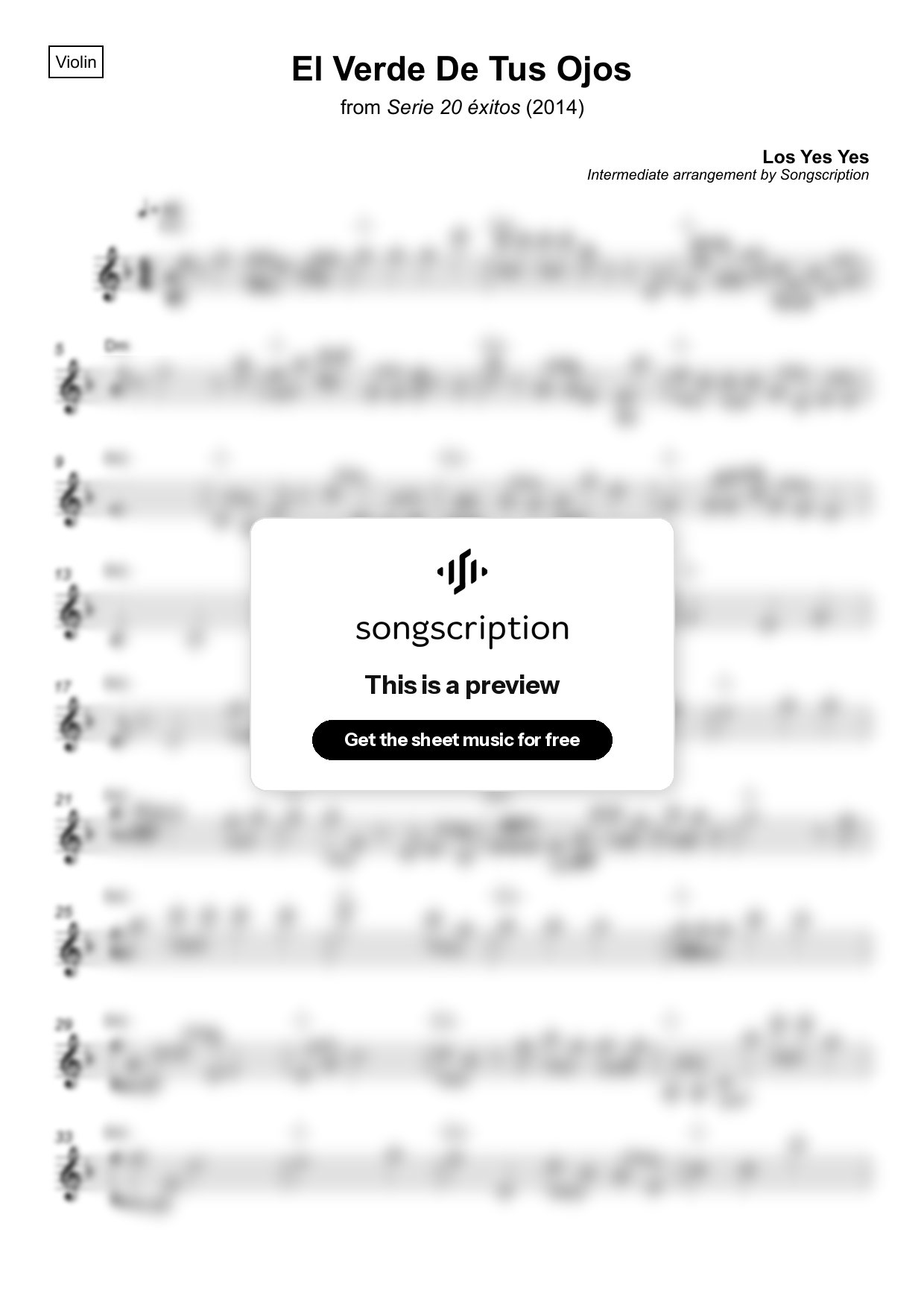 Intermediate Violin Sheet Music for "El Verde De Tus Ojos" by Los Yes Yes