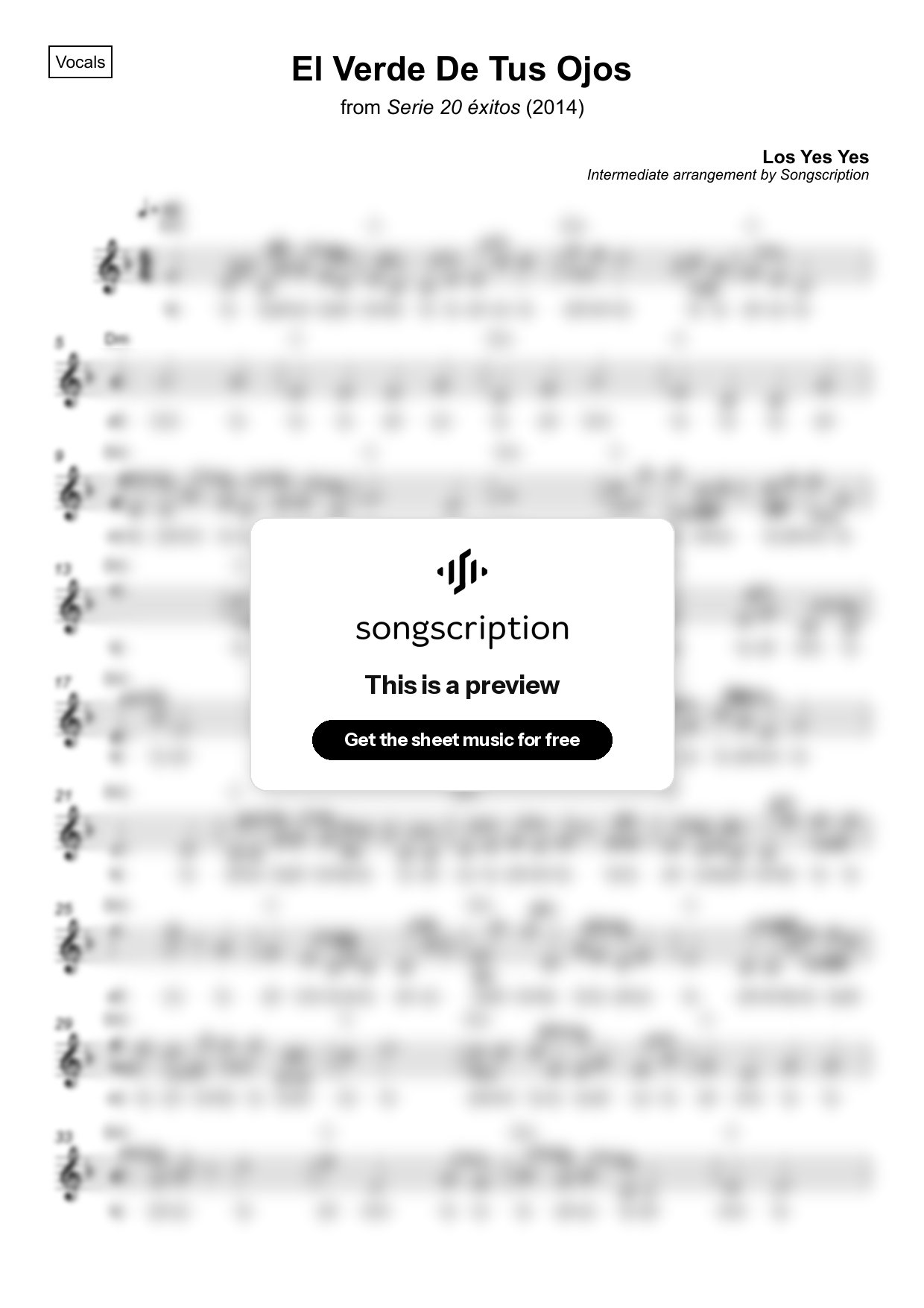 Intermediate Vocals Sheet Music for "El Verde De Tus Ojos" by Los Yes Yes