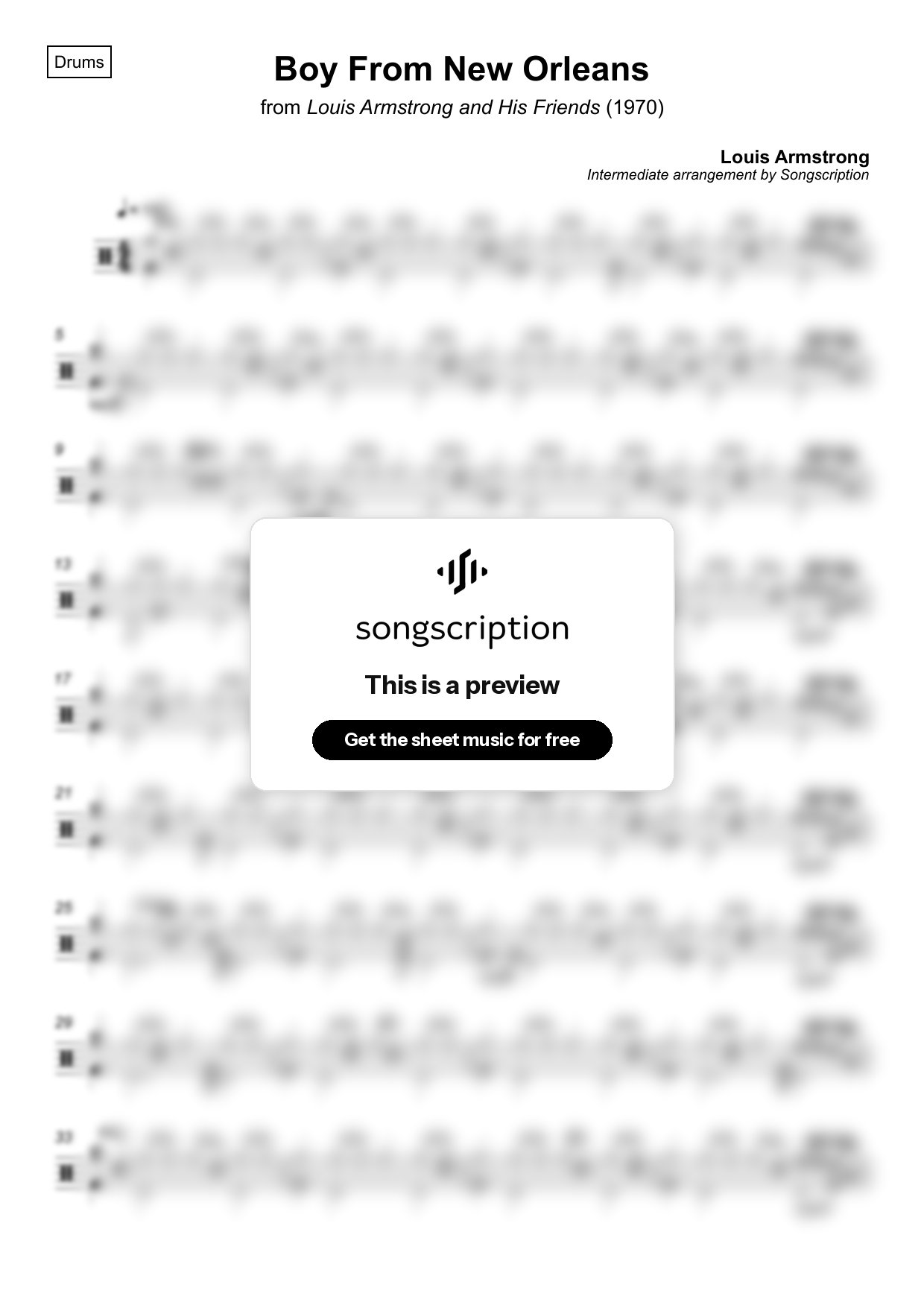 Intermediate Drums Sheet Music for "Boy From New Orleans" by Louis Armstrong