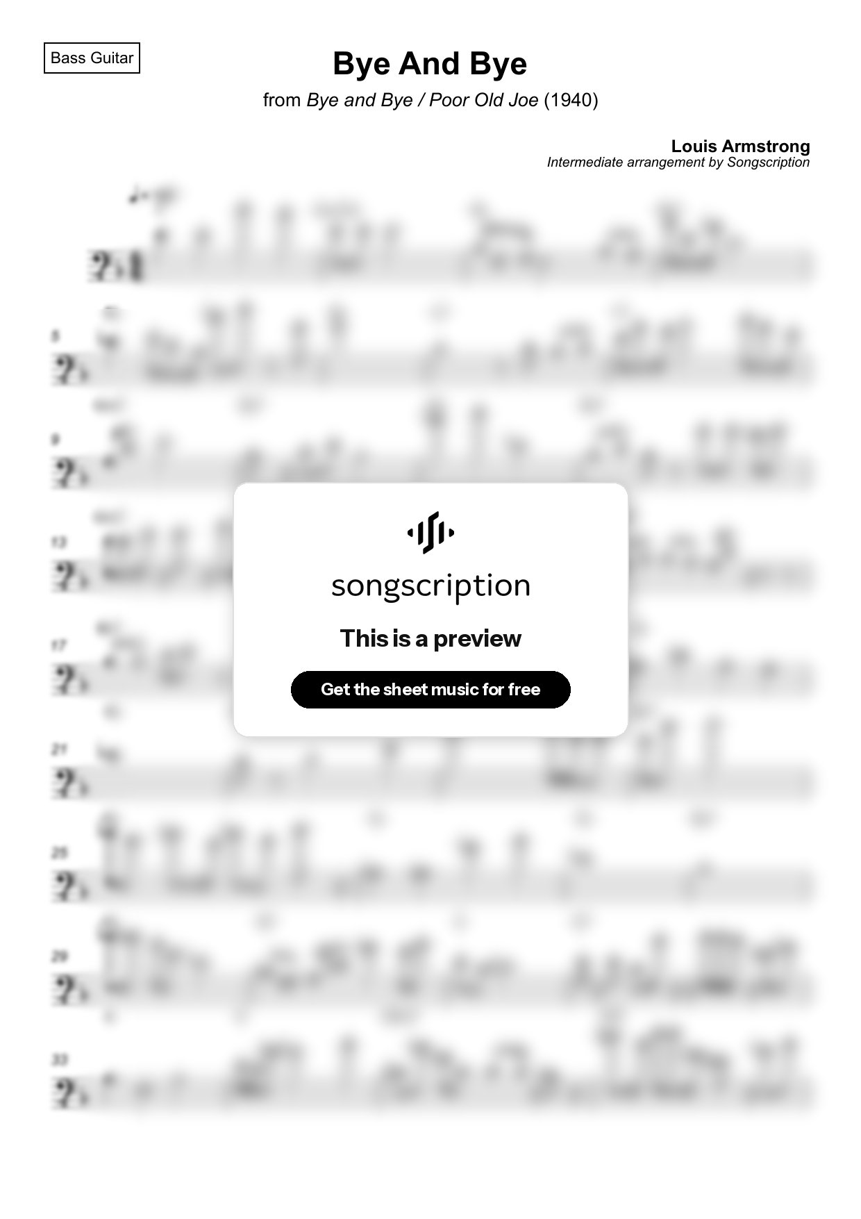 Intermediate Bass Guitar Sheet Music for "Bye And Bye" by Louis Armstrong