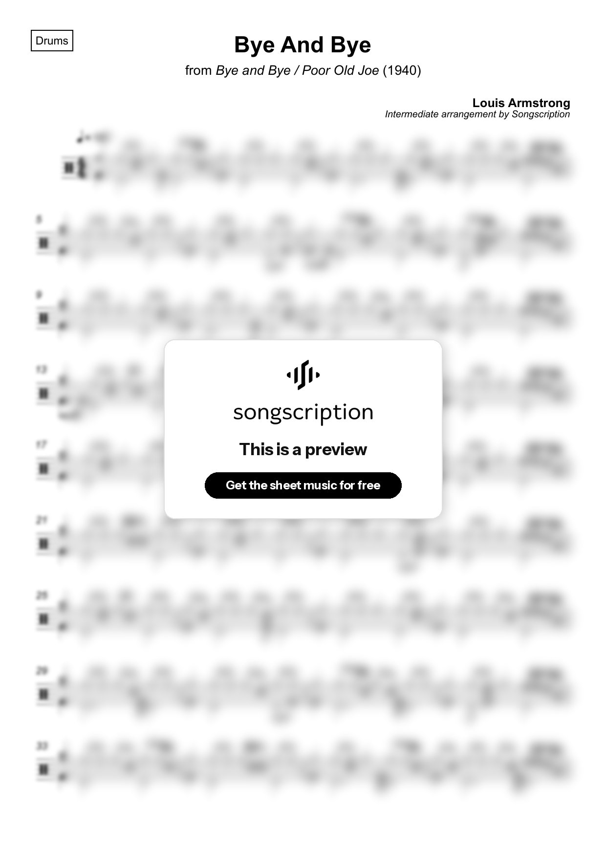 Intermediate Drums Sheet Music for "Bye And Bye" by Louis Armstrong