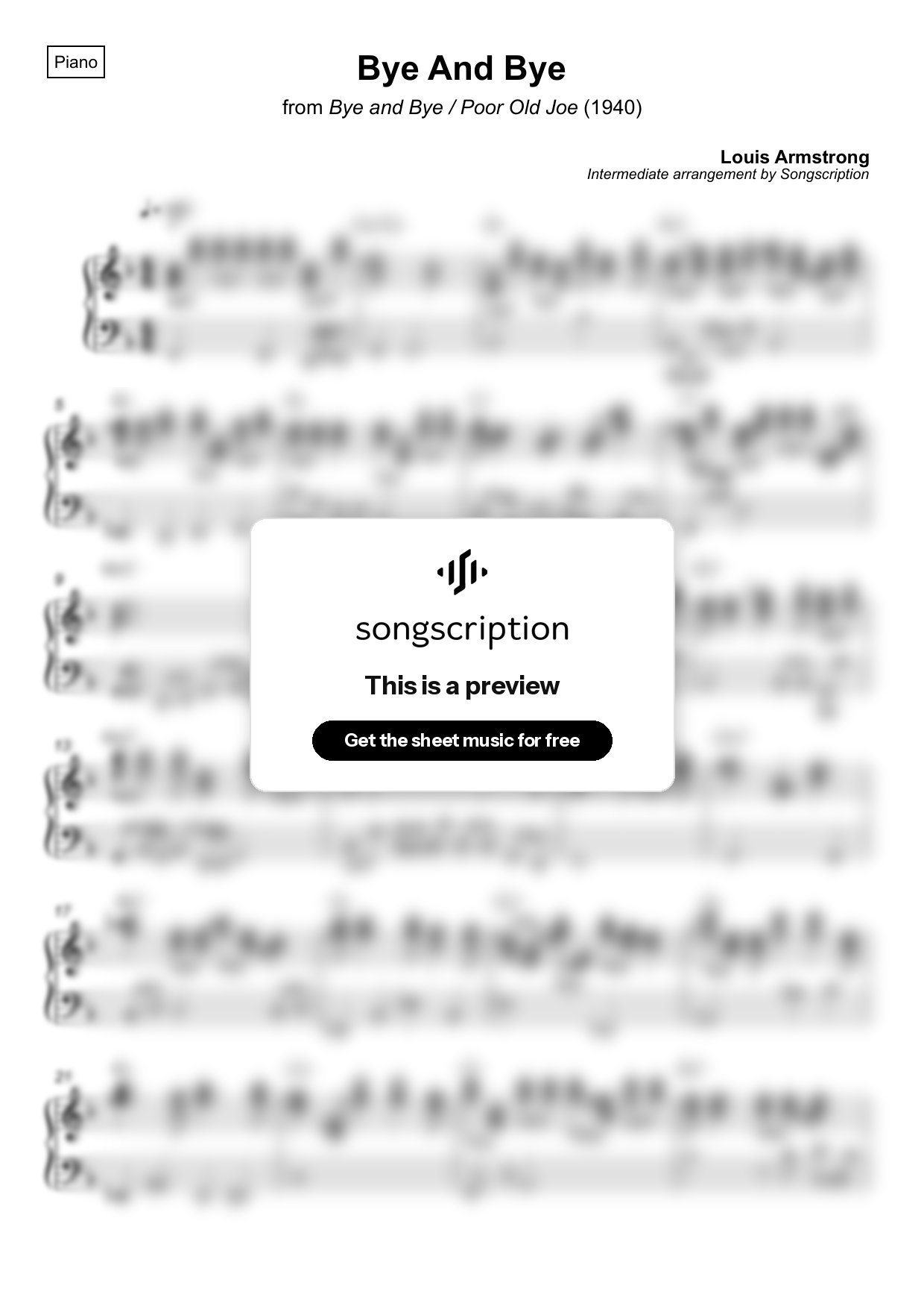 Intermediate Piano Sheet Music for "Bye And Bye" by Louis Armstrong