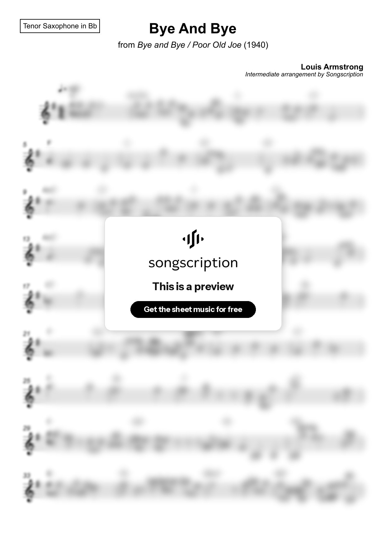 Intermediate Tenor Sax Sheet Music for "Bye And Bye" by Louis Armstrong