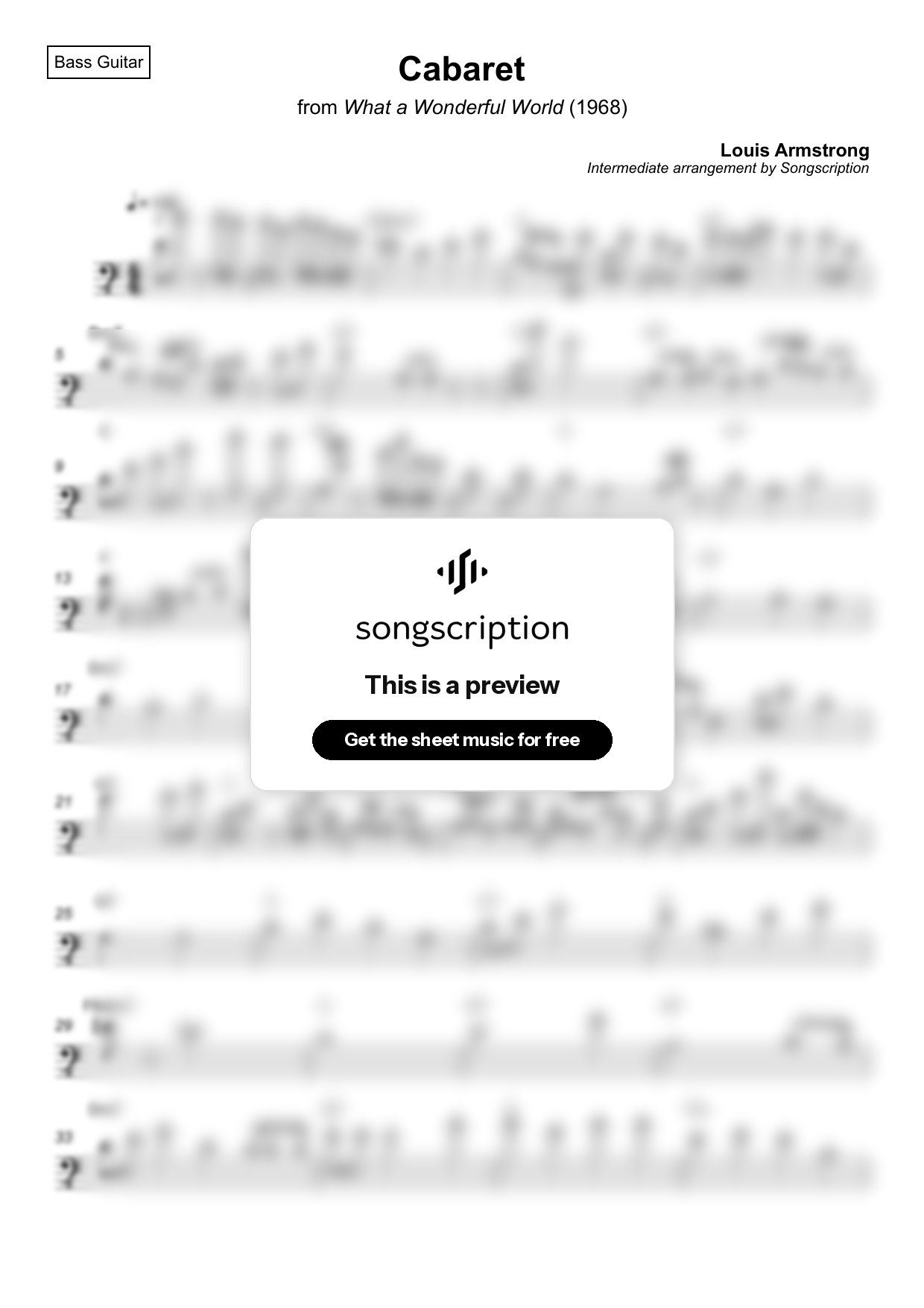 Intermediate Bass Guitar Sheet Music for "Cabaret" by Louis Armstrong