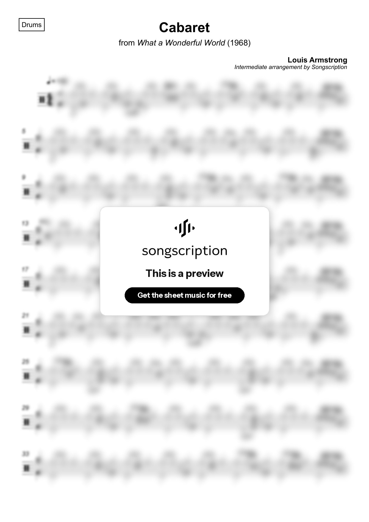 Intermediate Drums Sheet Music for "Cabaret" by Louis Armstrong