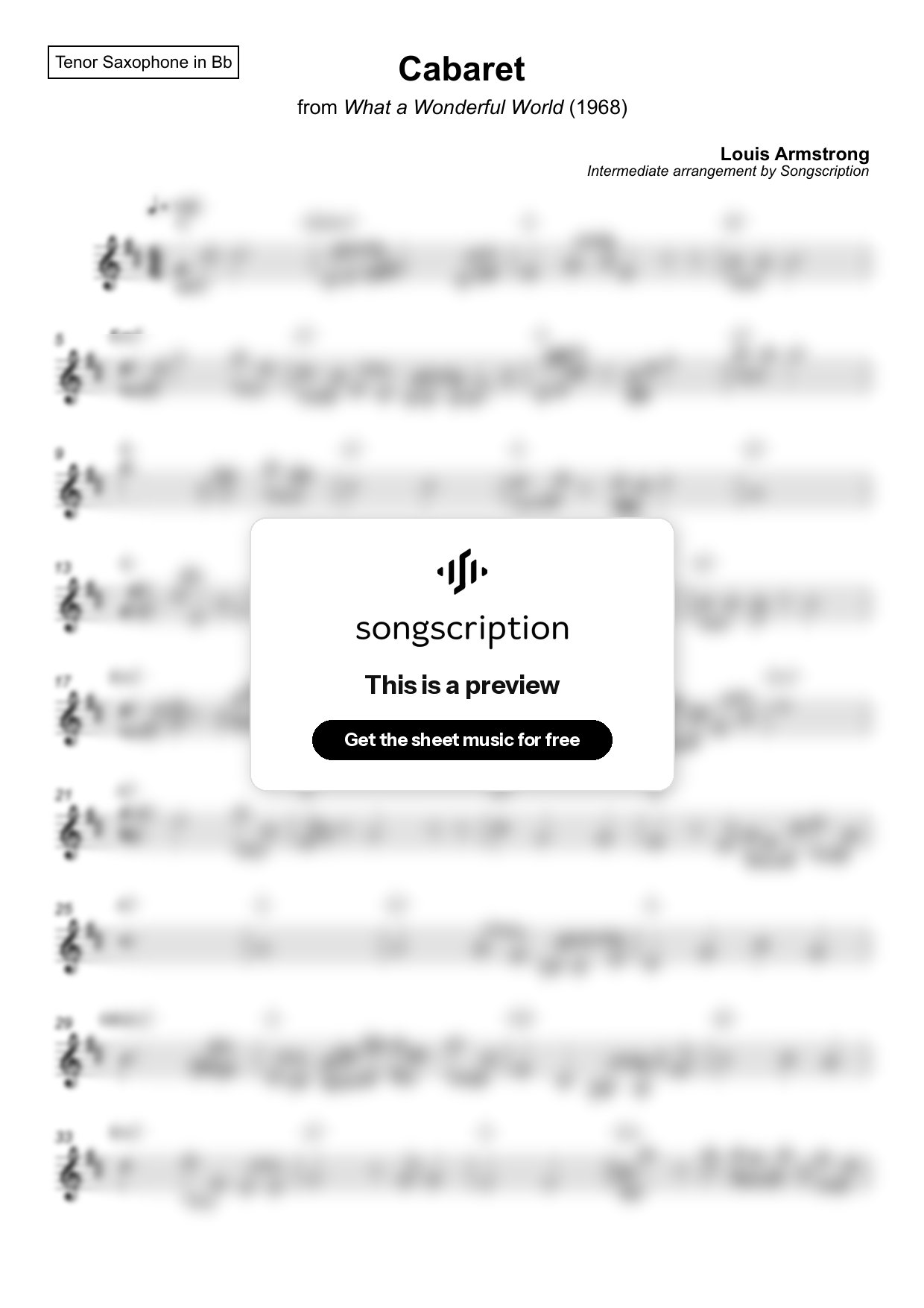 Intermediate Tenor Sax Sheet Music for "Cabaret" by Louis Armstrong