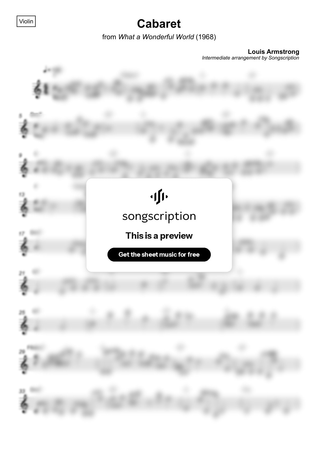 Intermediate Violin Sheet Music for "Cabaret" by Louis Armstrong