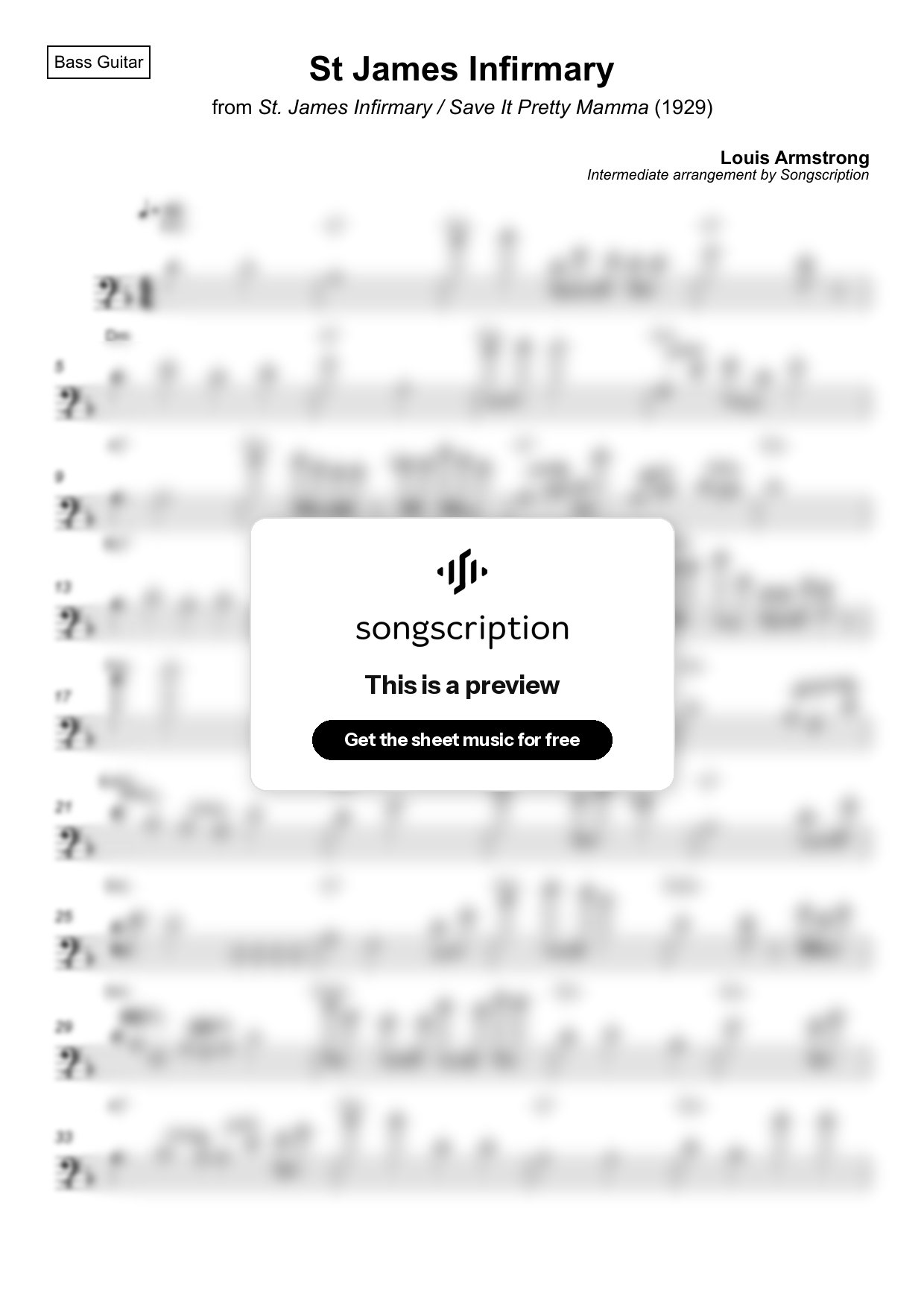 Intermediate Bass Guitar Sheet Music for "St James Infirmary" by Louis Armstrong