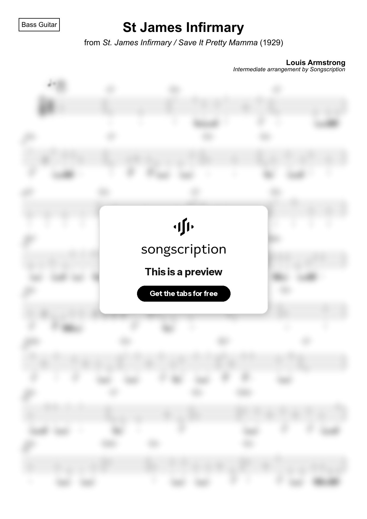 Intermediate Bass Guitar Tabs for "St James Infirmary" by Louis Armstrong