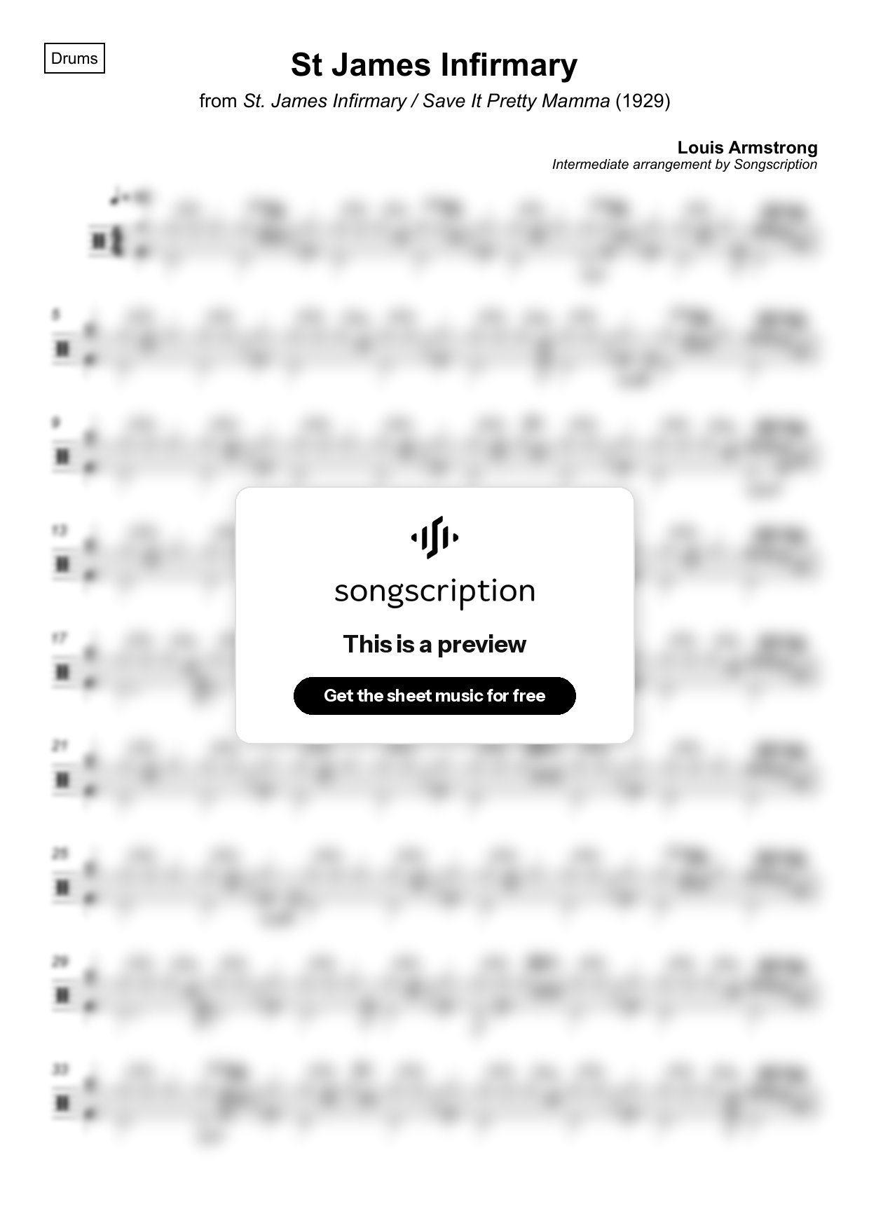 Intermediate Drums Sheet Music for "St James Infirmary" by Louis Armstrong