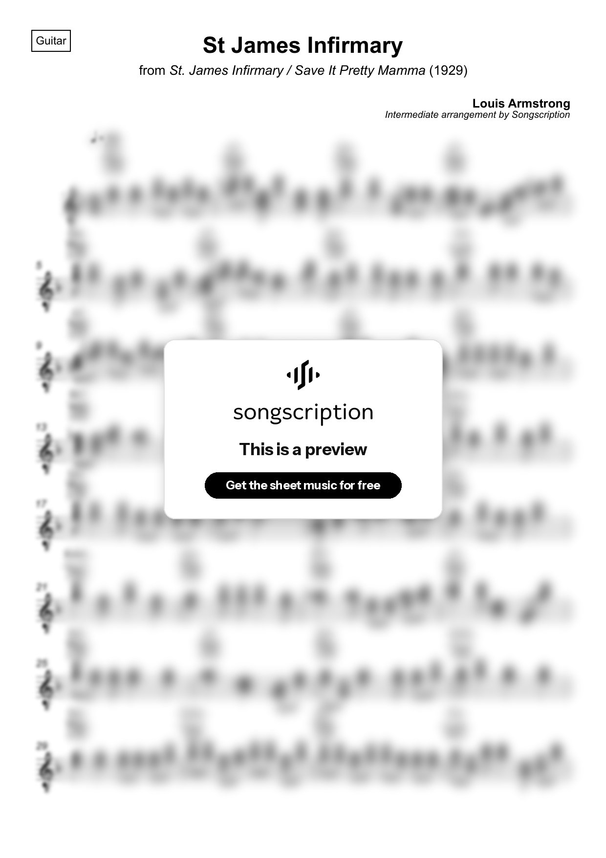 Intermediate Acoustic Guitar Sheet Music for "St James Infirmary" by Louis Armstrong