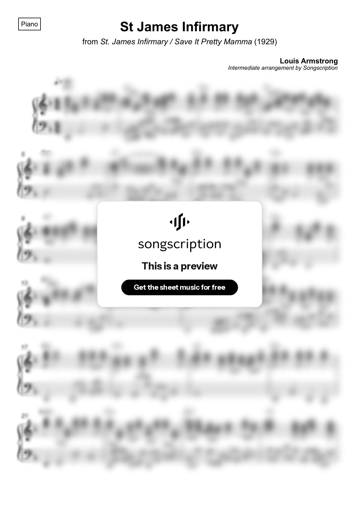 Intermediate Piano Sheet Music for "St James Infirmary" by Louis Armstrong