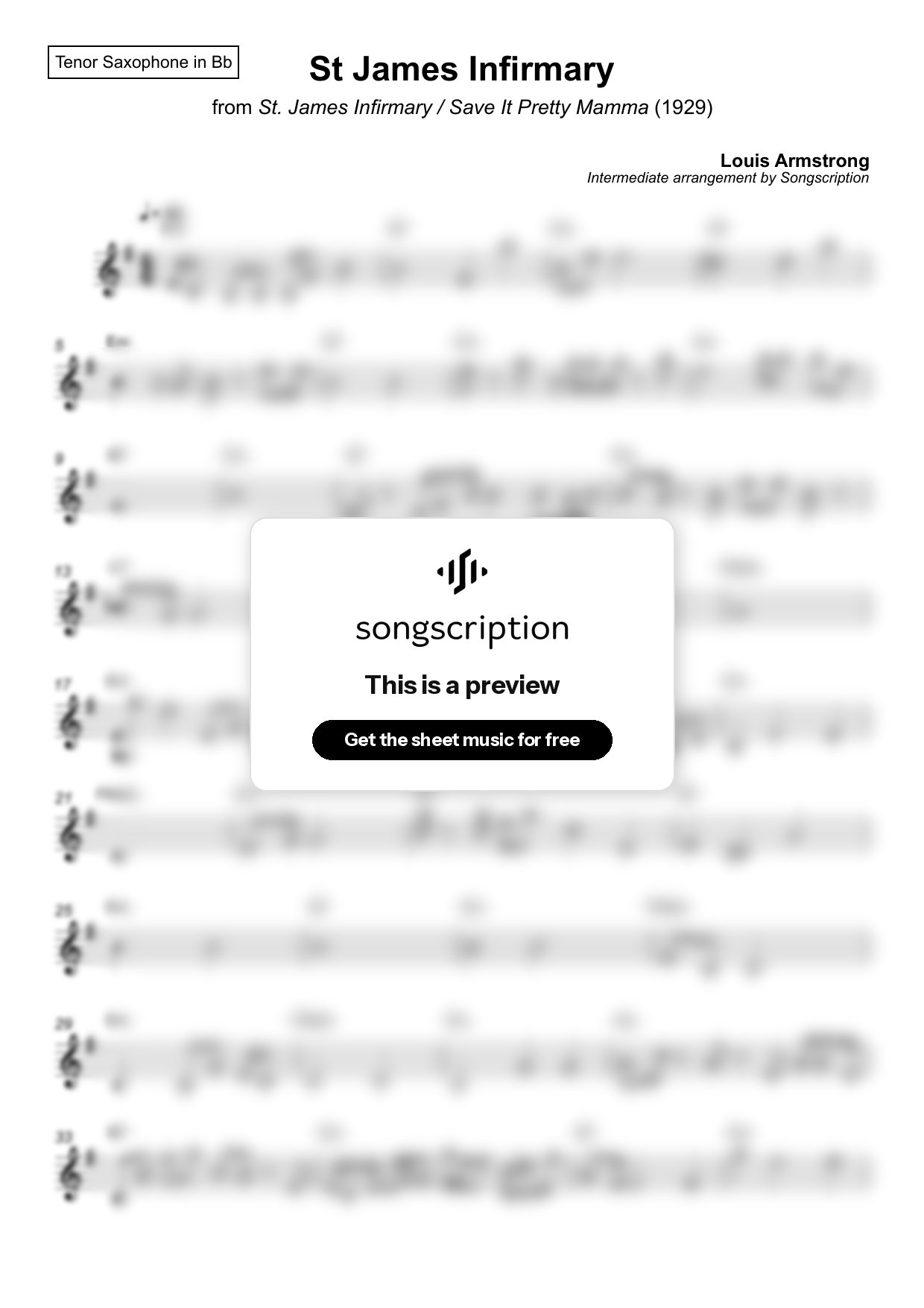 Intermediate Tenor Sax Sheet Music for "St James Infirmary" by Louis Armstrong