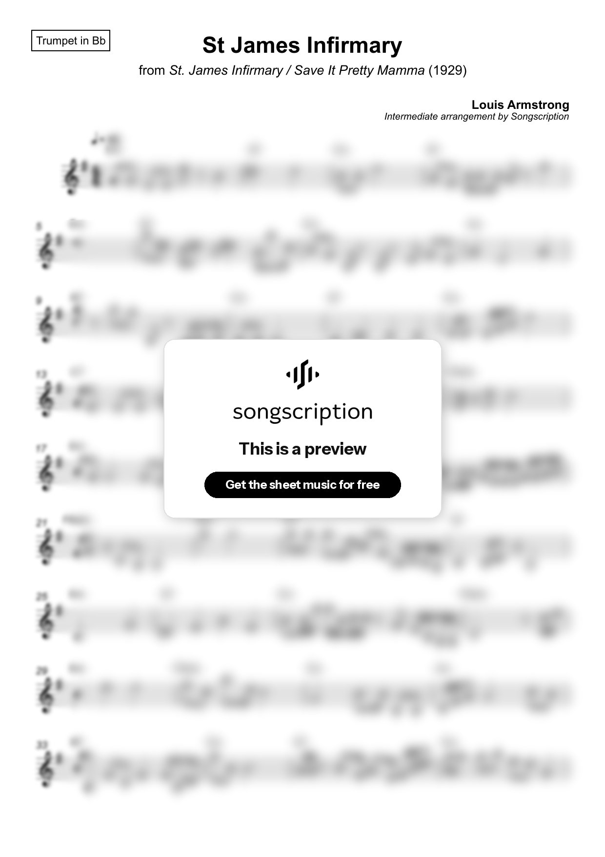 Intermediate Trumpet Sheet Music for "St James Infirmary" by Louis Armstrong