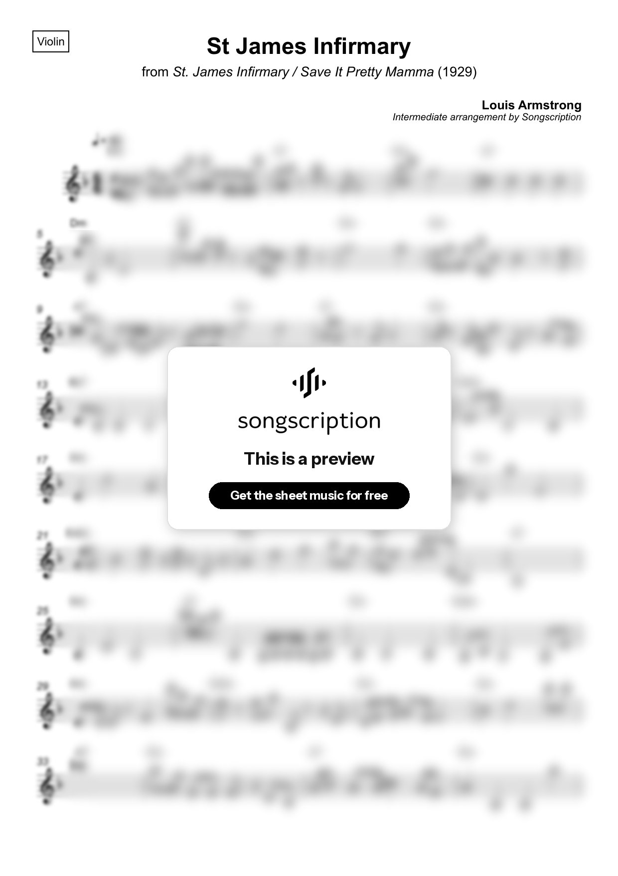 Intermediate Violin Sheet Music for "St James Infirmary" by Louis Armstrong