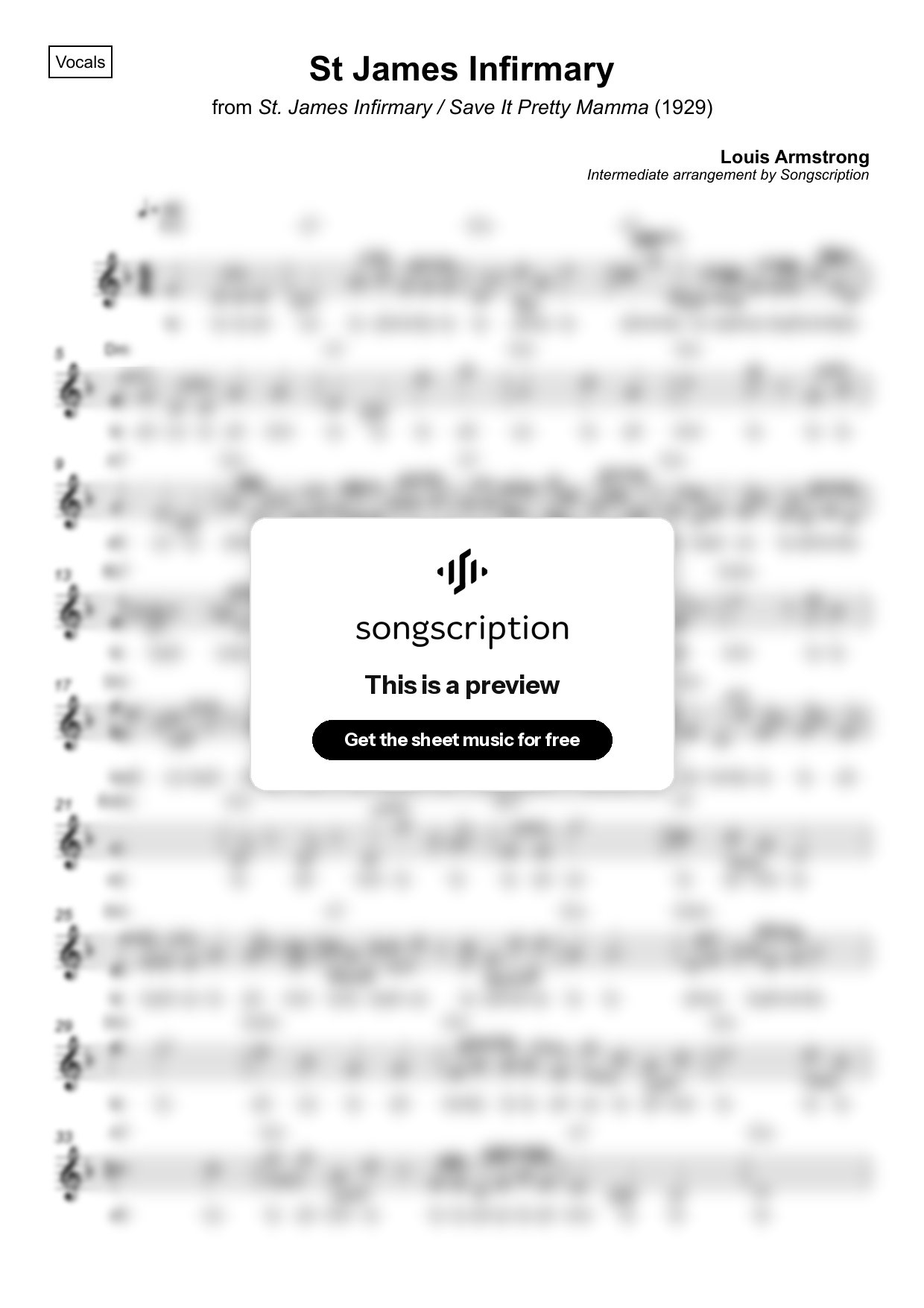 Intermediate Vocals Sheet Music for "St James Infirmary" by Louis Armstrong