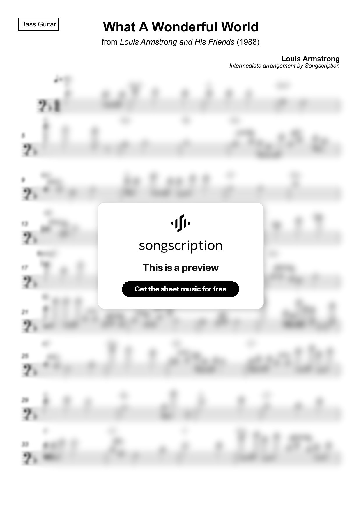 Intermediate Bass Guitar Sheet Music for "What A Wonderful World" by Louis Armstrong