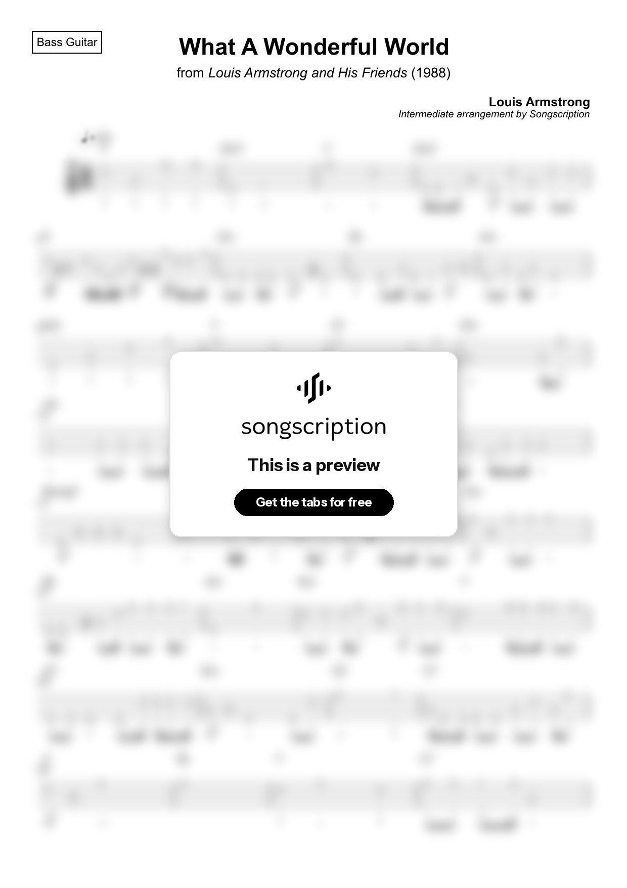 Intermediate Bass Guitar Tabs for "What A Wonderful World" by Louis Armstrong