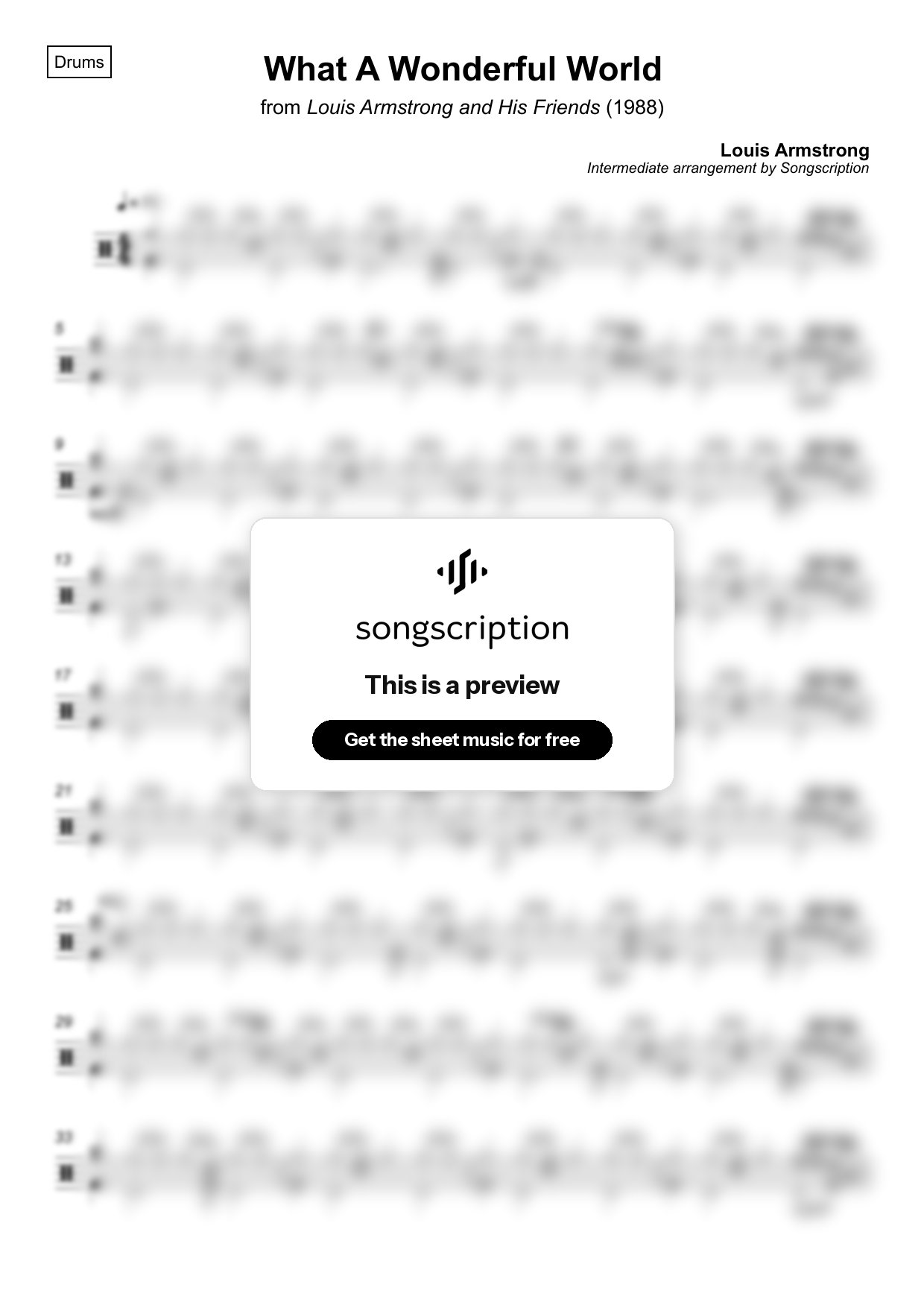 Intermediate Drums Sheet Music for "What A Wonderful World" by Louis Armstrong