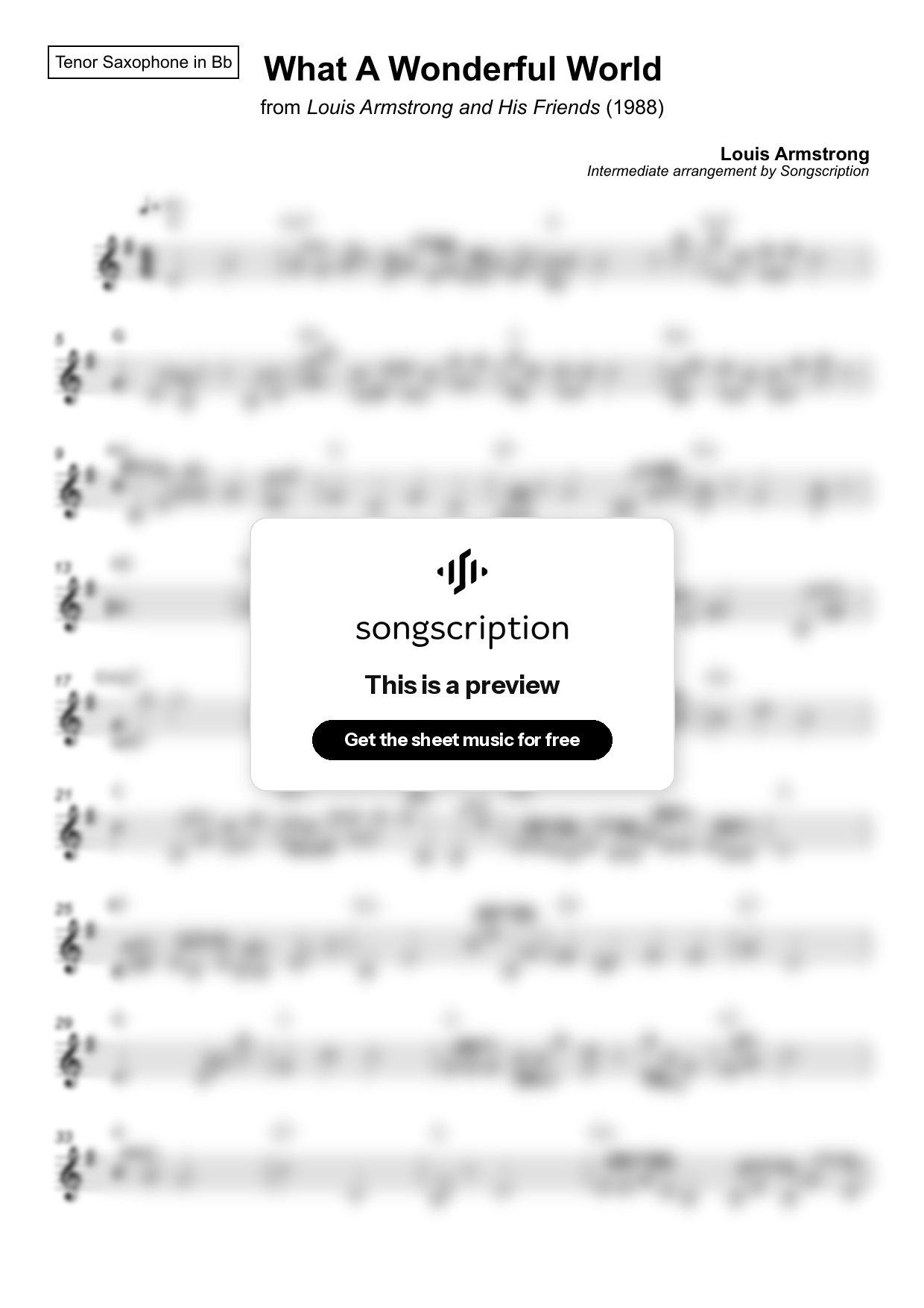 Intermediate Tenor Sax Sheet Music for "What A Wonderful World" by Louis Armstrong