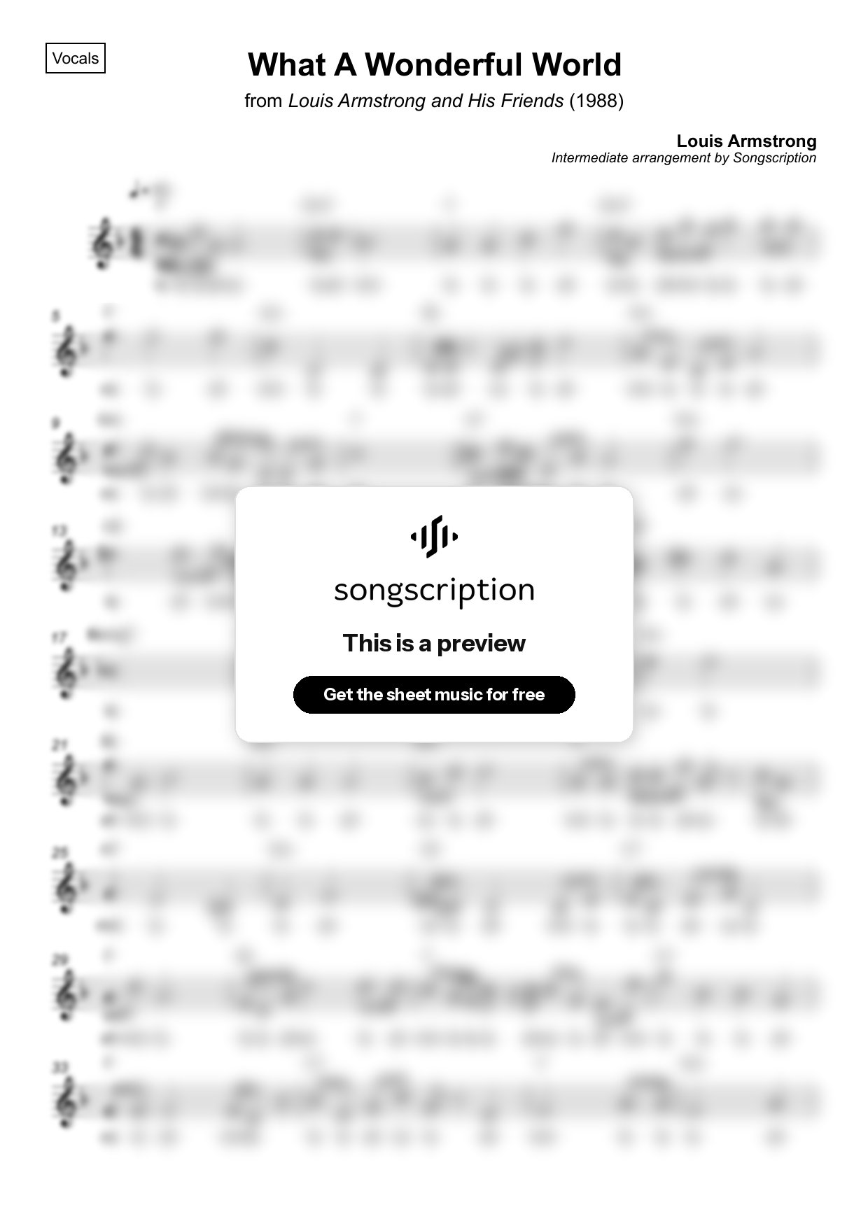 Intermediate Vocals Sheet Music for "What A Wonderful World" by Louis Armstrong