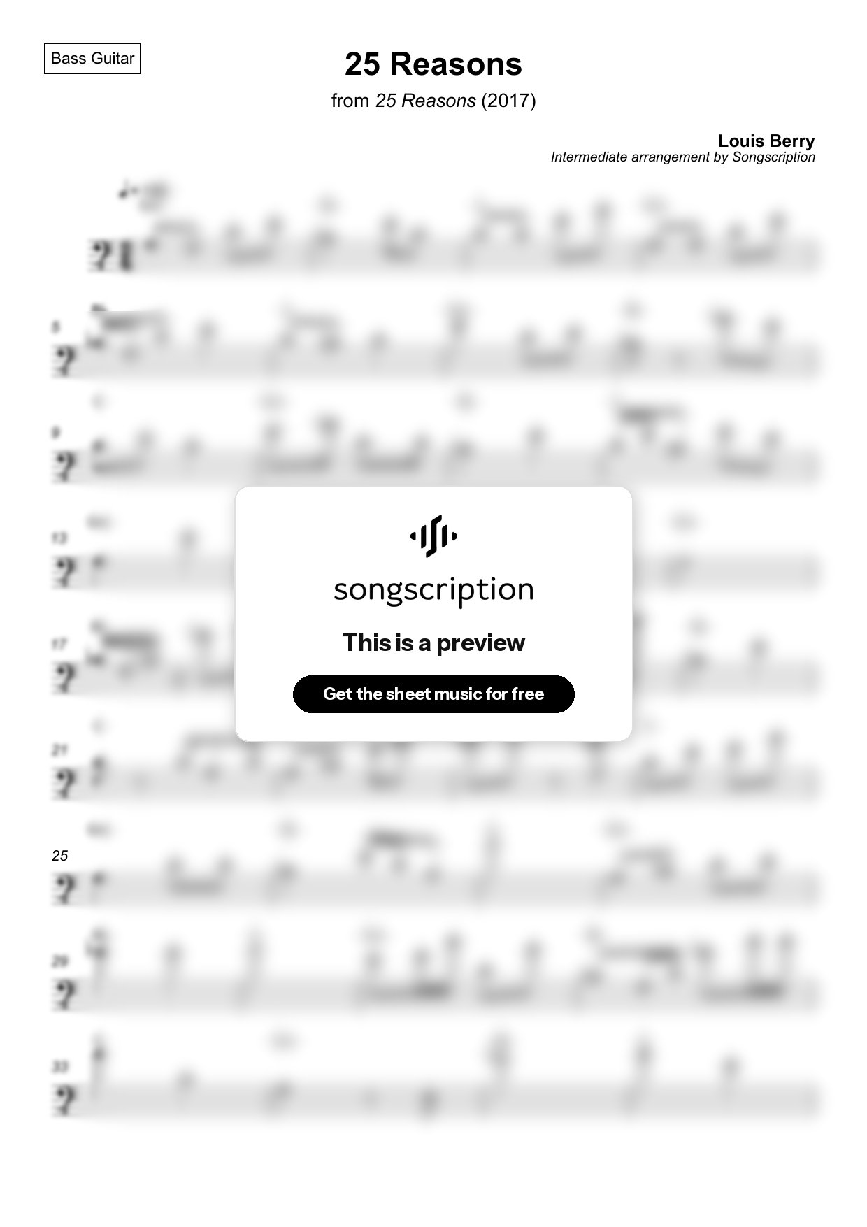 Intermediate Bass Guitar Sheet Music for "25 Reasons" by Louis Berry