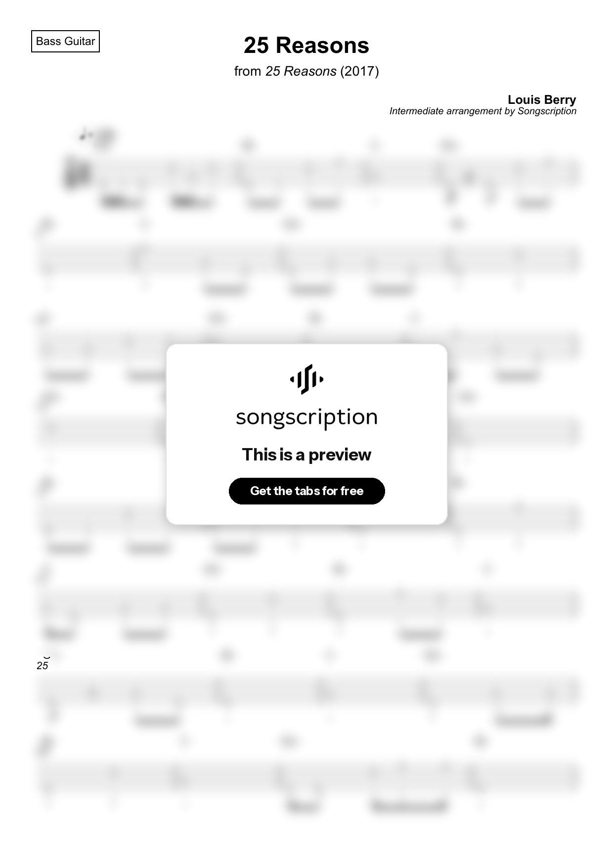 Intermediate Bass Guitar Tabs for "25 Reasons" by Louis Berry