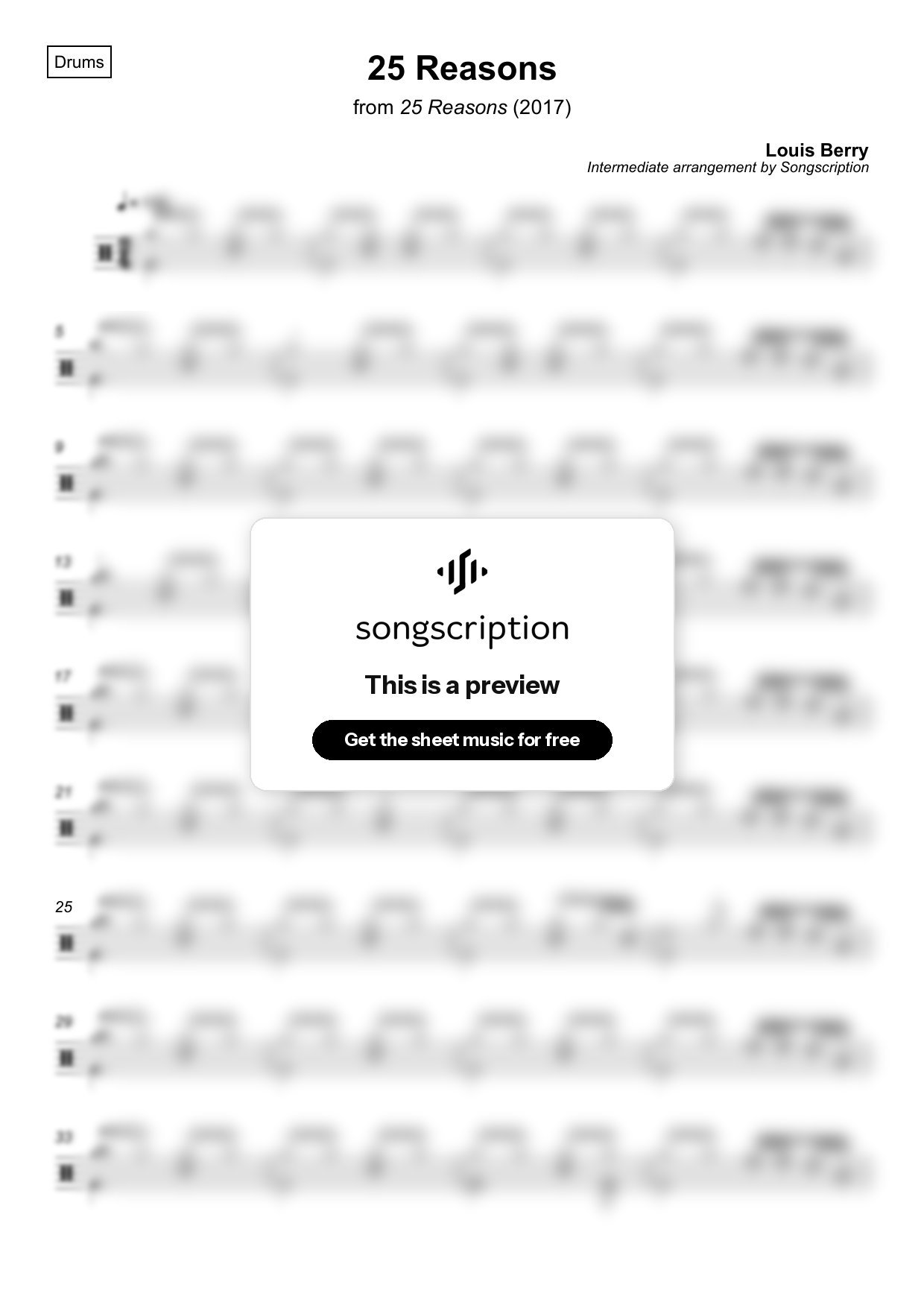 Intermediate Drums Sheet Music for "25 Reasons" by Louis Berry
